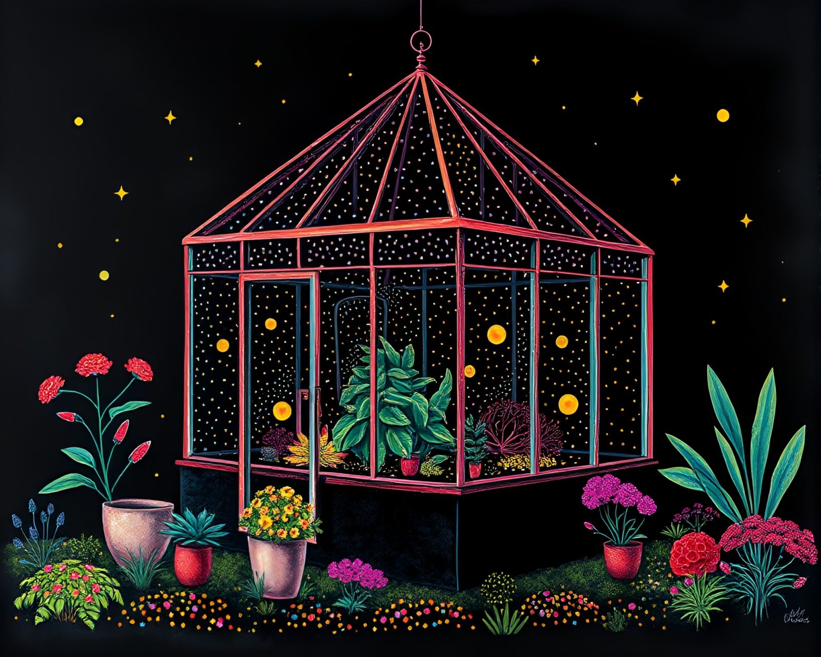 Colorful dots on glass greenhouse with surreal lighting