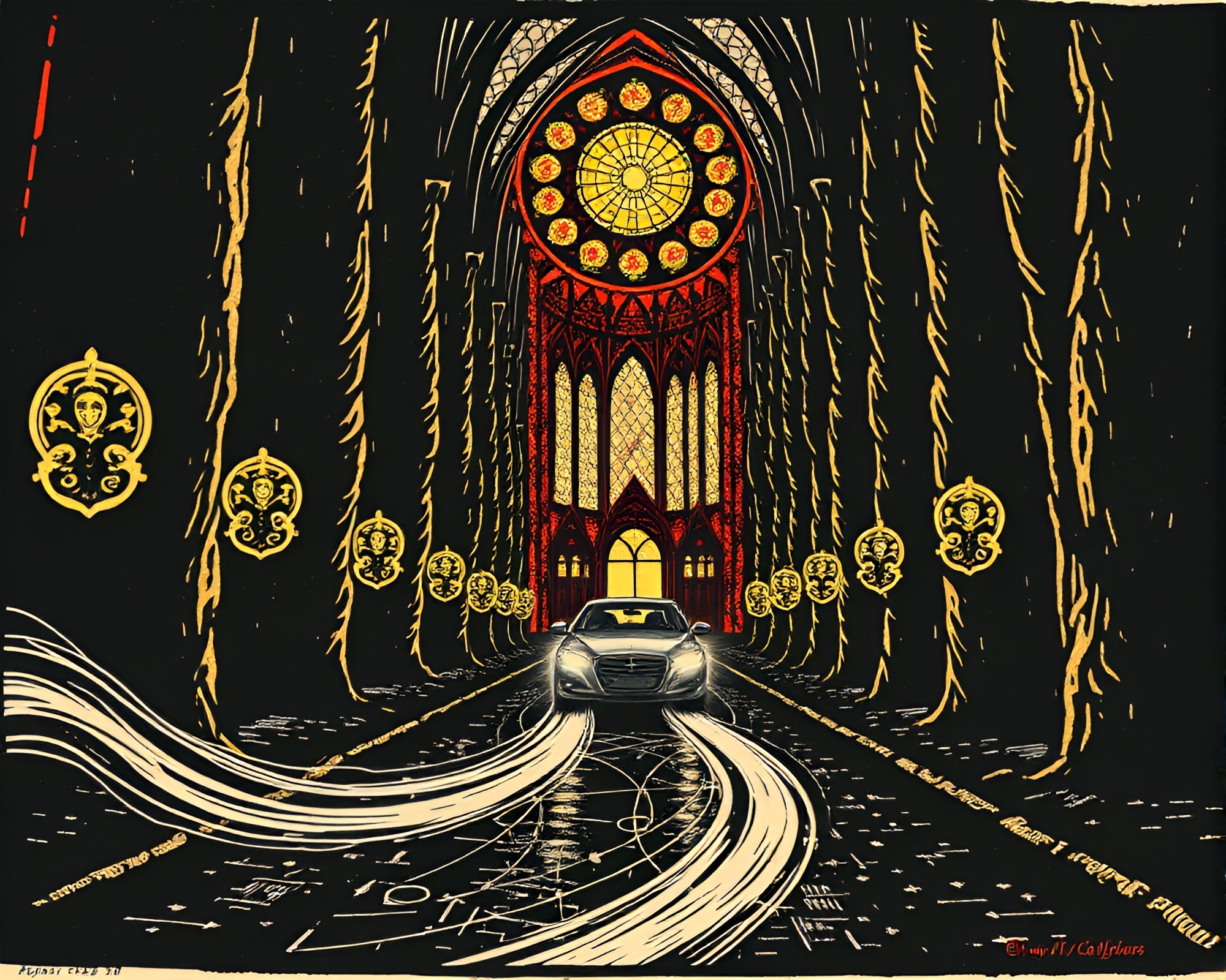 Car Light Trails Through Alchemical Cathedral – free AI stock image