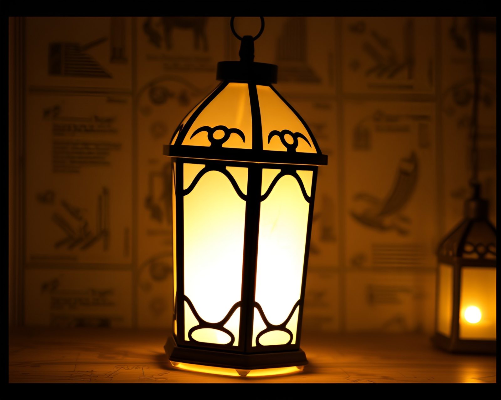 Illustration of a paper lantern in blueprint style with spotlight focus