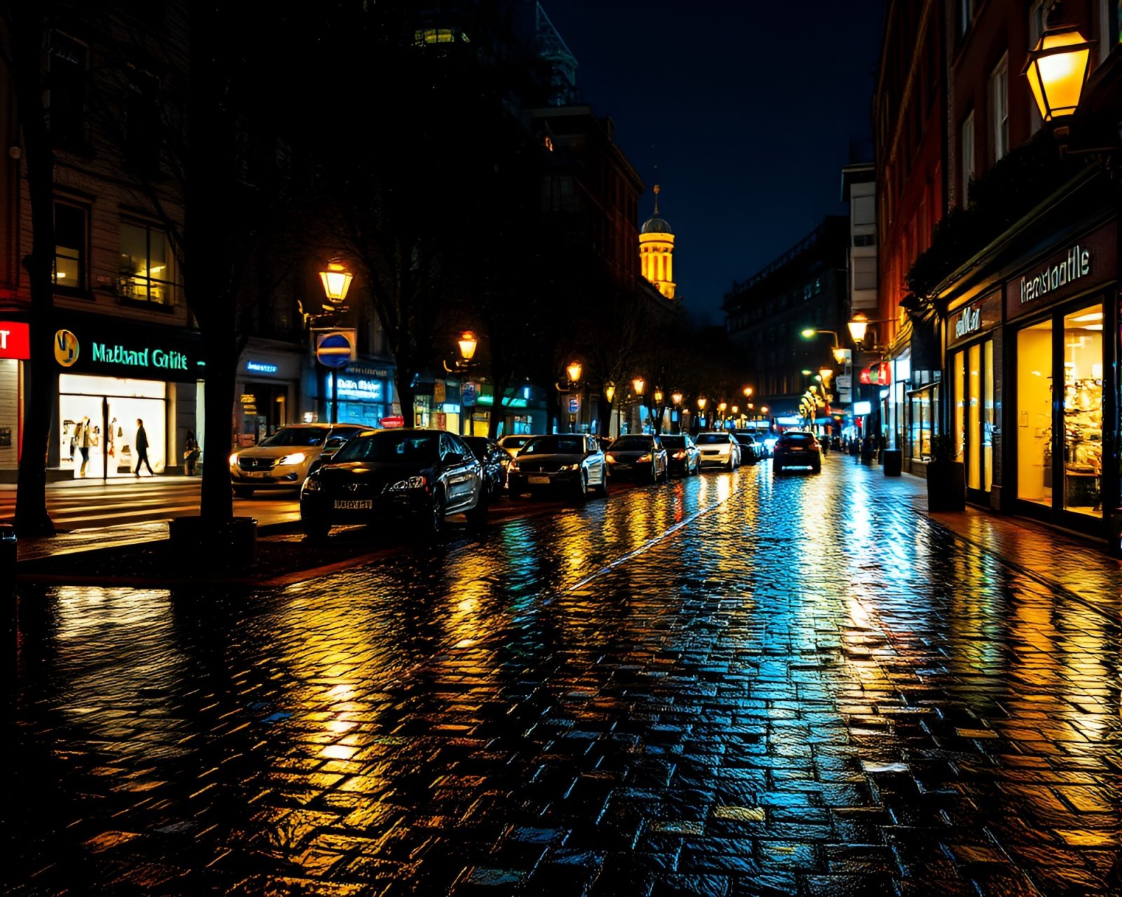 Colorful fractal pattern on wet pavement with mosaic lighting