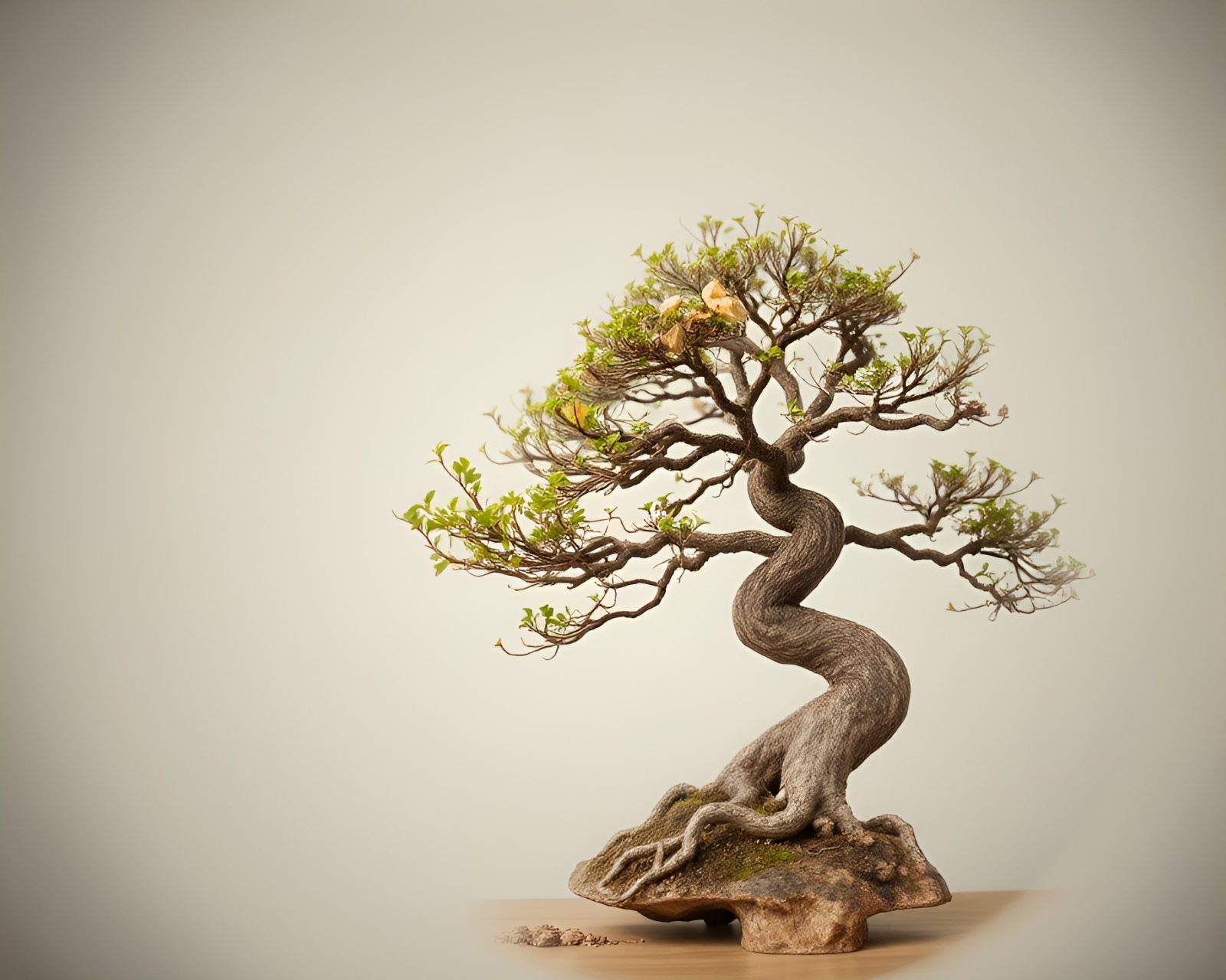 Detailed image of swirling lens distortion around a bonsai tree