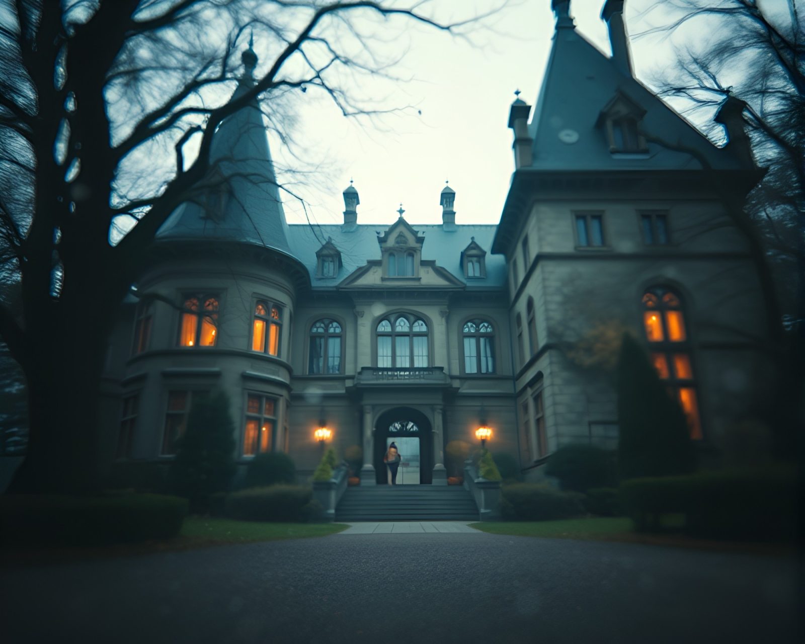 Majestic mansion bathed in glowing dust particles and majestic lighting