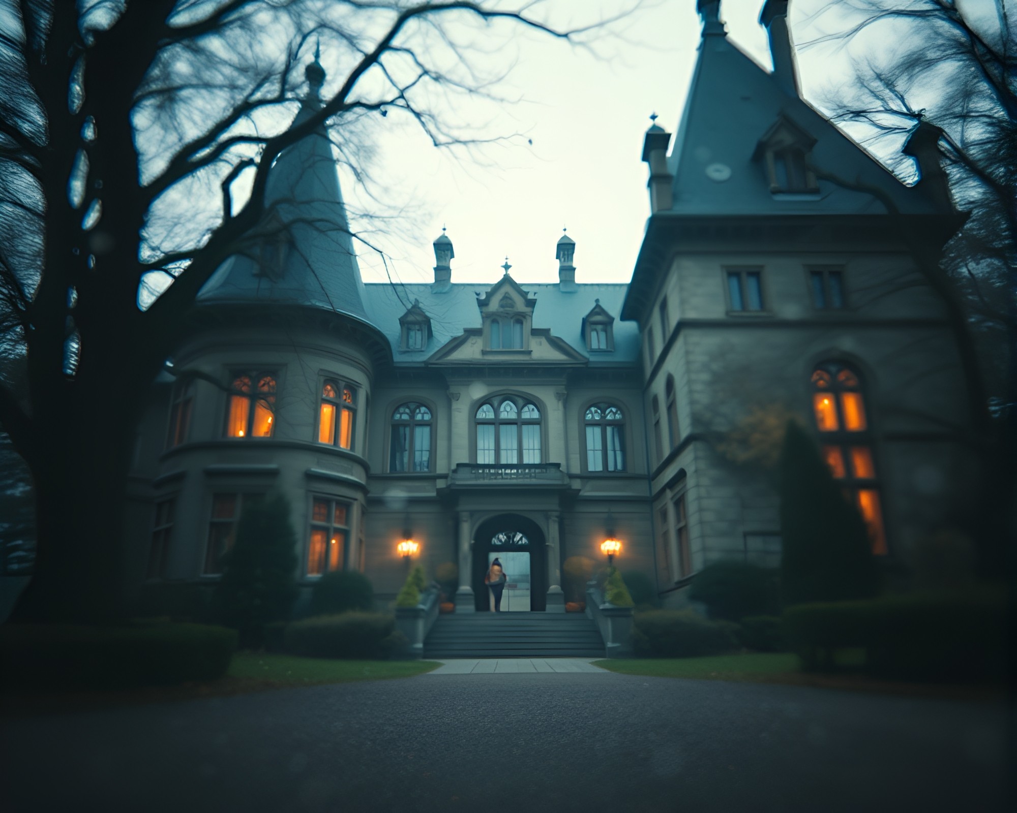 Ethereal Dust Motes Surround Neo-Gothic Mansion – free AI stock image