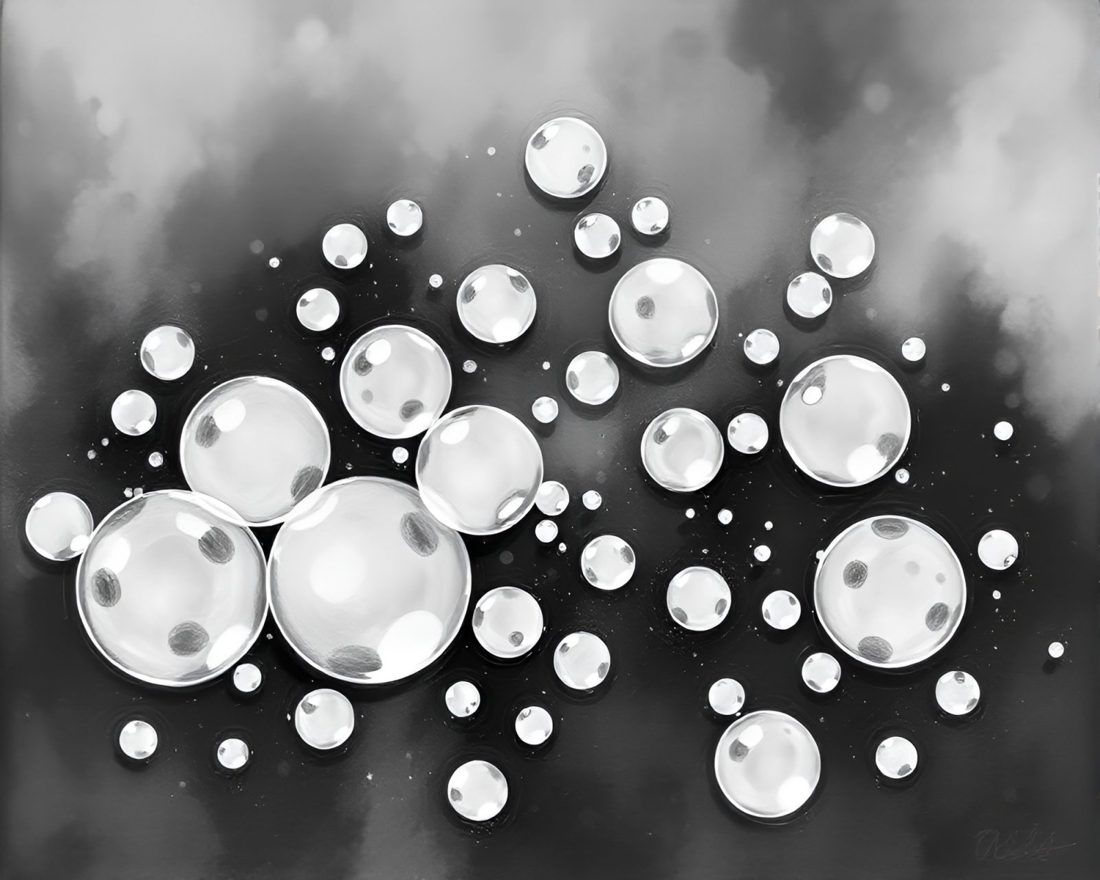 Tempera painting of serene hot spring with bubble clusters