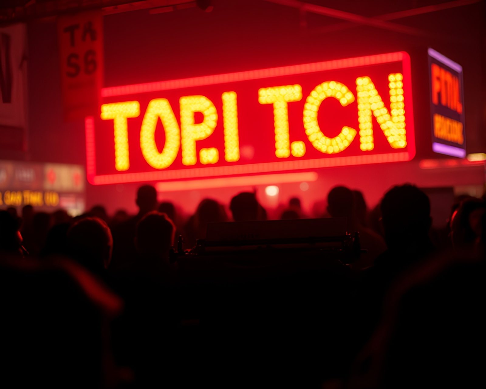 Silhouettes of people surrounding antique typewriter under neon lights
