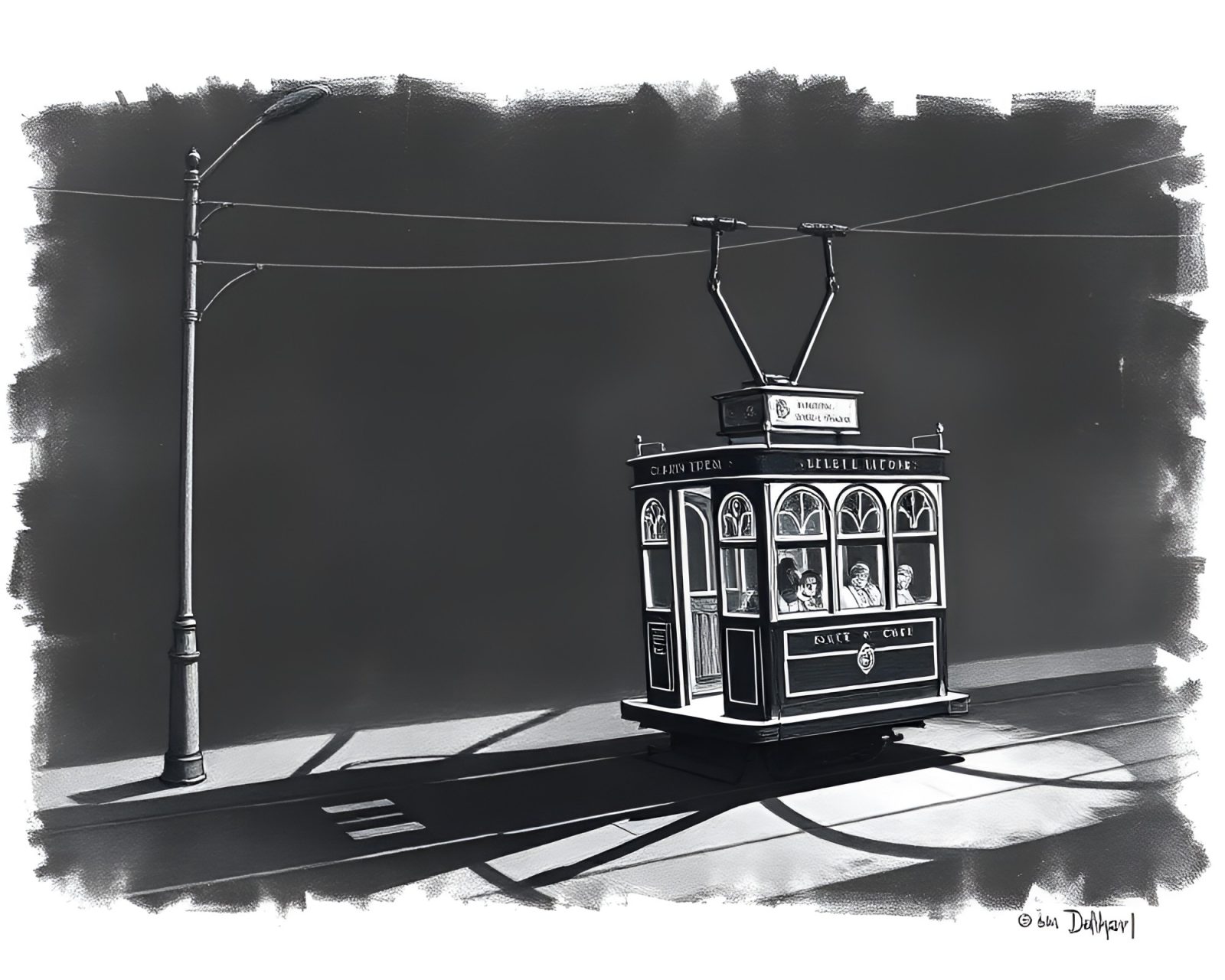 Fantasy illustration of chalkboard cable car with lanterns