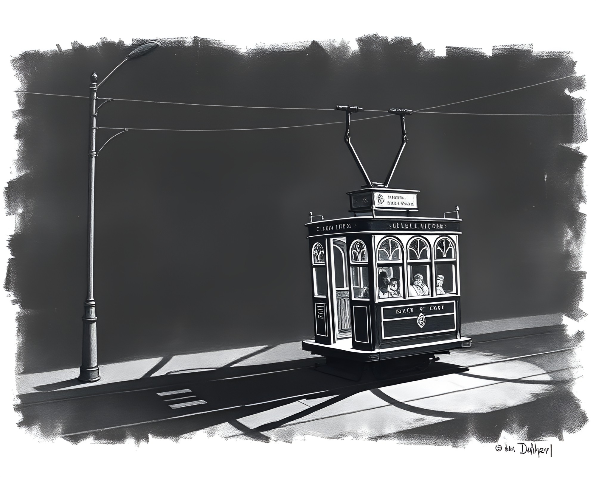 Chalk Drawing of Lantern-lit Cable Car Shadow Play – free AI stock image
