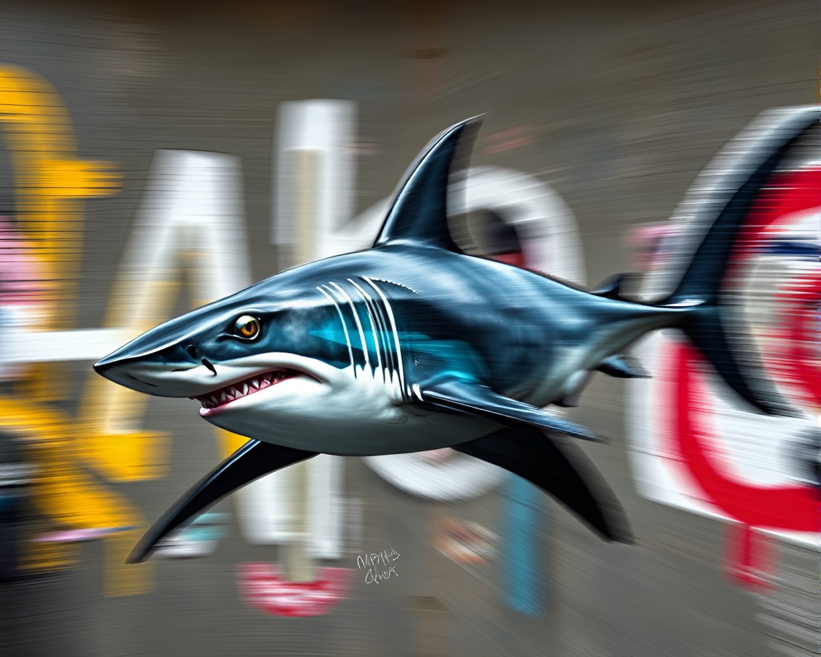 Abstract motion blur streaks with colorful shark graffiti art.