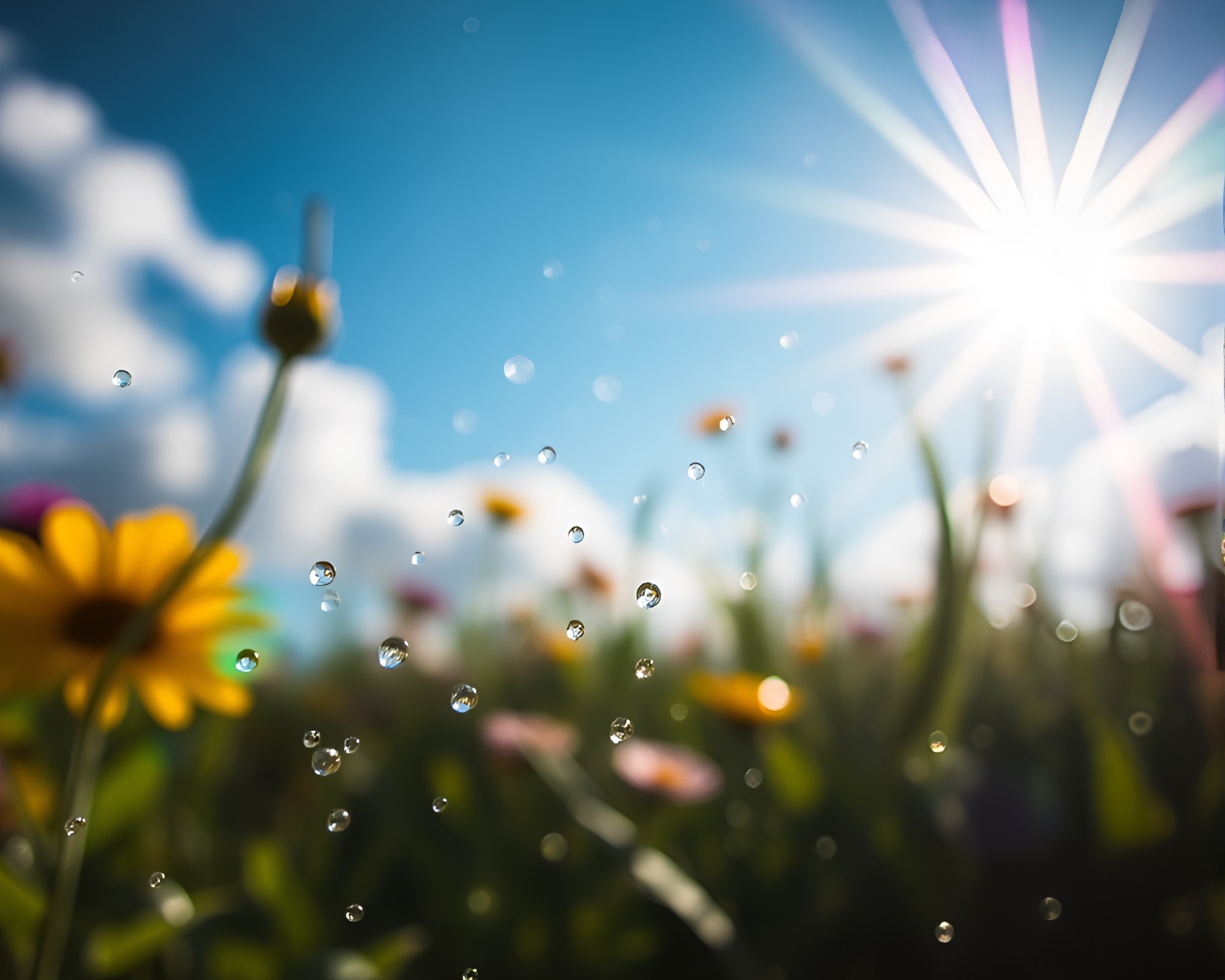 Garden Oasis: Ethereal Water Droplets Amidst Sky Brilliance – free AI stock image