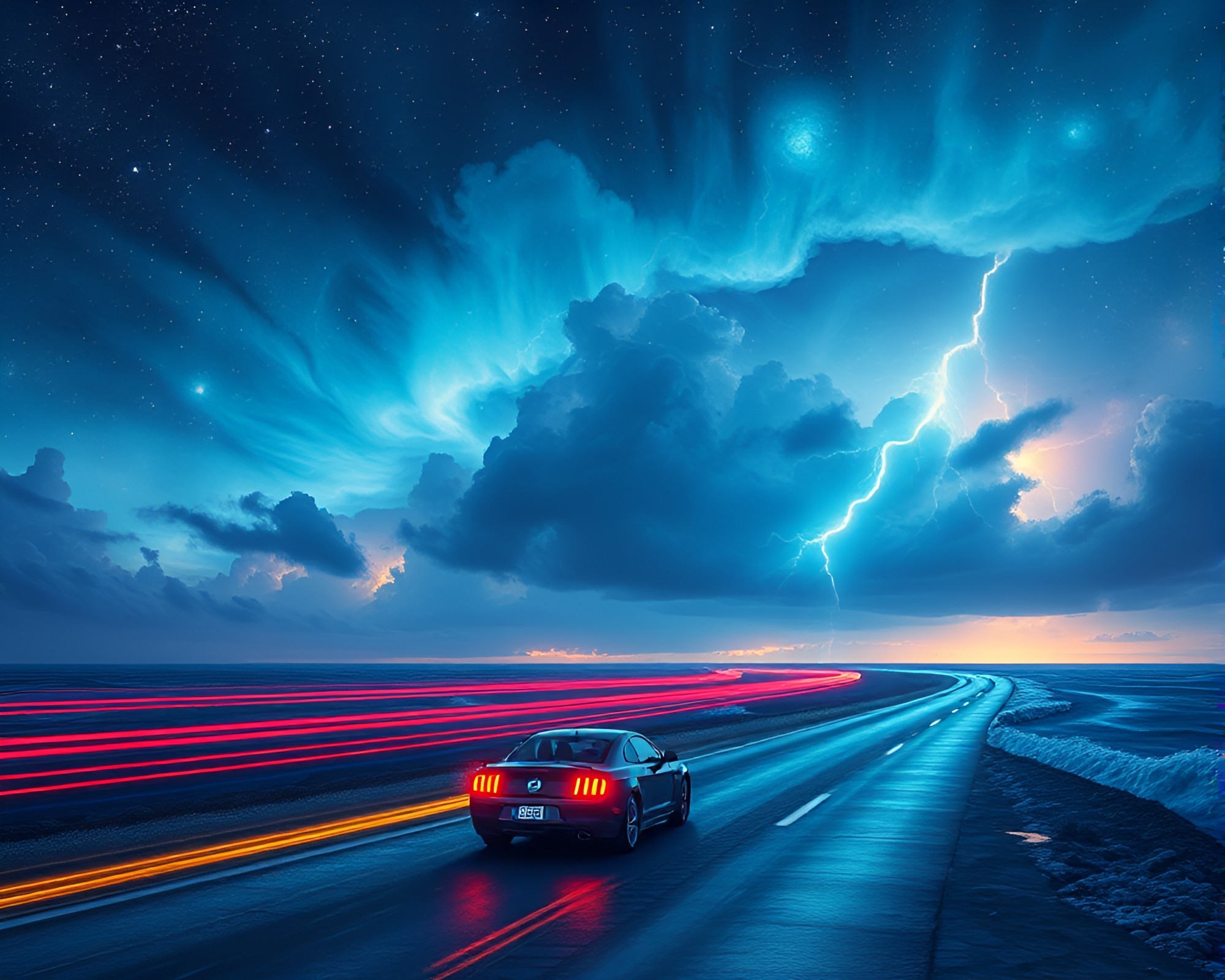 Fantasy Thunderstorm: Car Light Trails Over Ocean – free AI stock image
