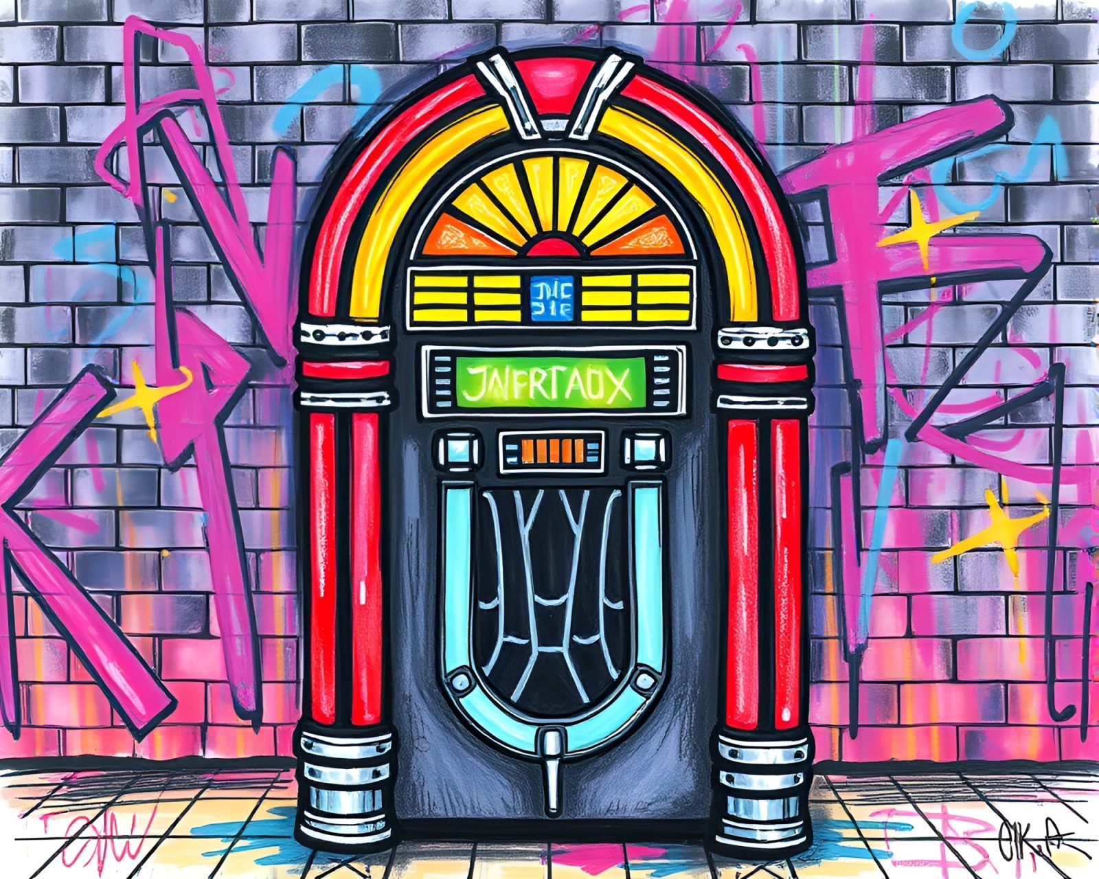 Colorful pixelated jukebox set against graffiti wall backdrop