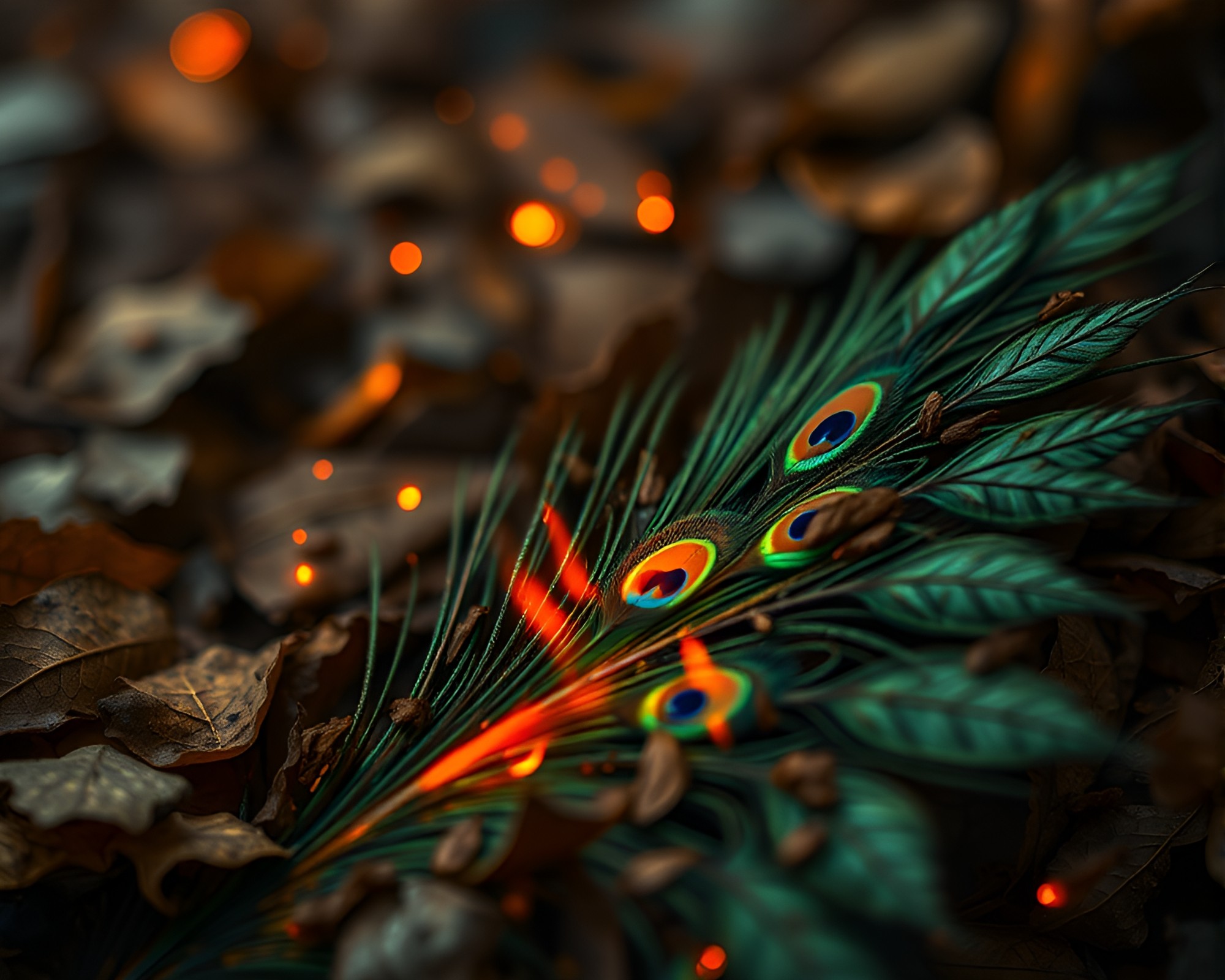 Peacock Feather in Fireplace Lit Leaf Litter Art – free AI stock image