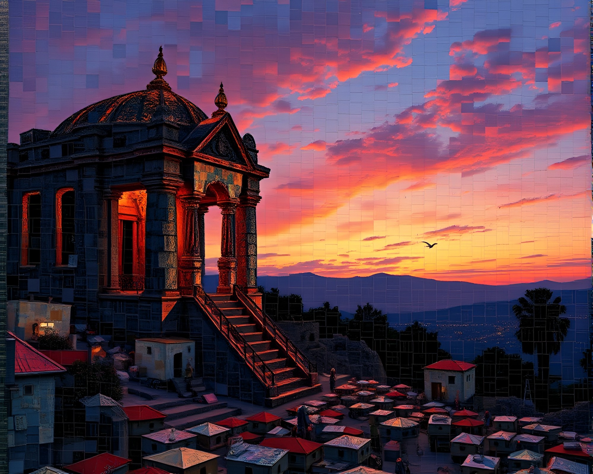 Temple Mosaic at Dusk: A Generative Art Masterpiece – free AI stock image