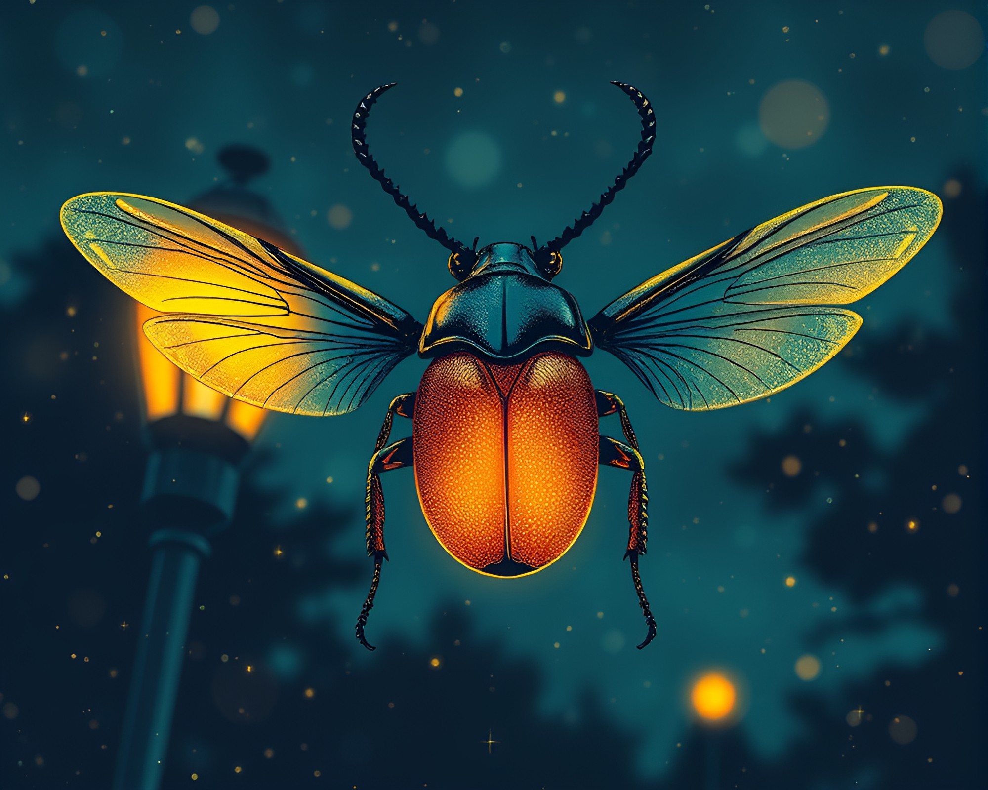 Fantasy Beetle Illuminated by Streetlamp in Stippling Style – free AI stock image