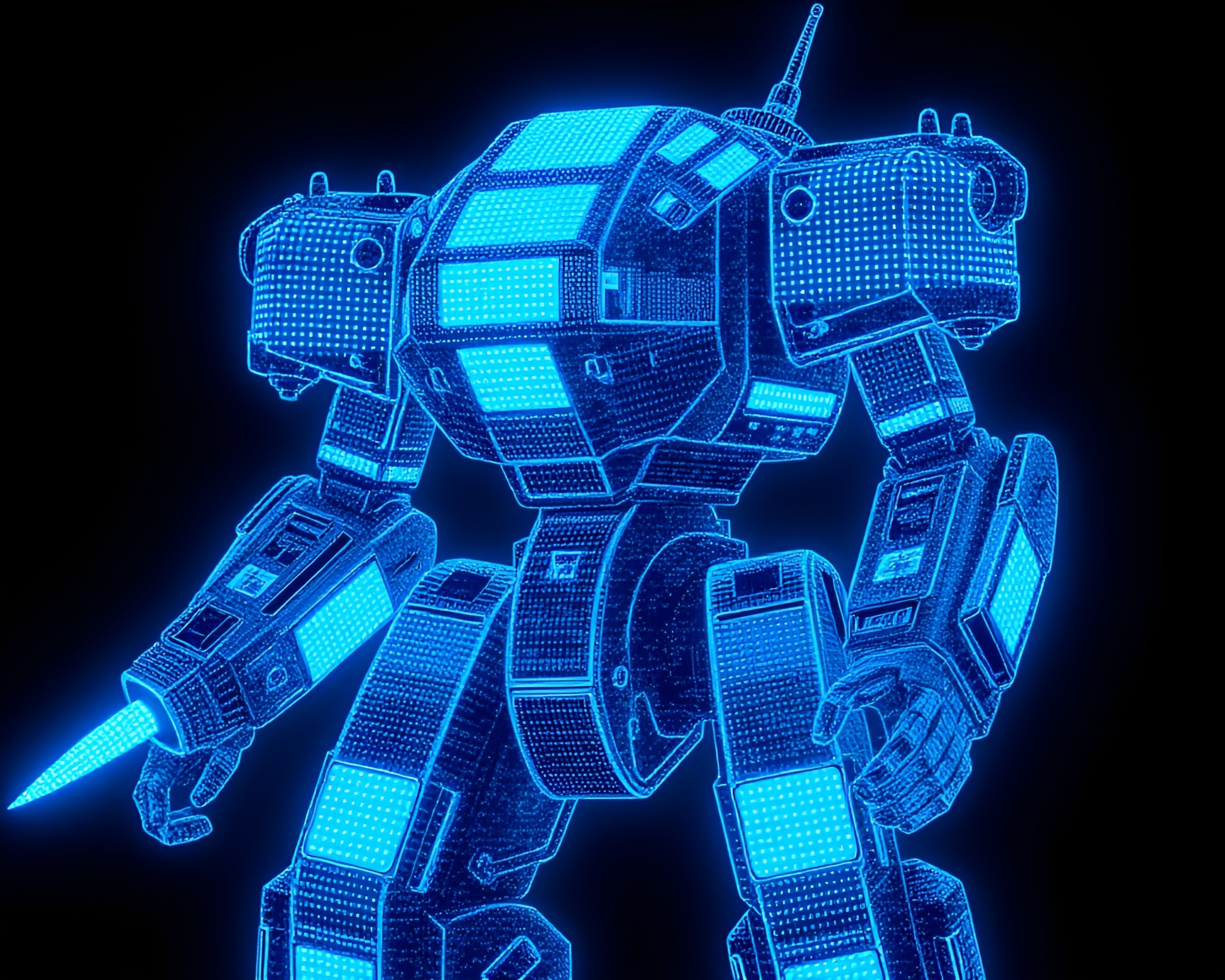 Steel-blue Battle Mech in LED Pixel Grid – free AI stock image