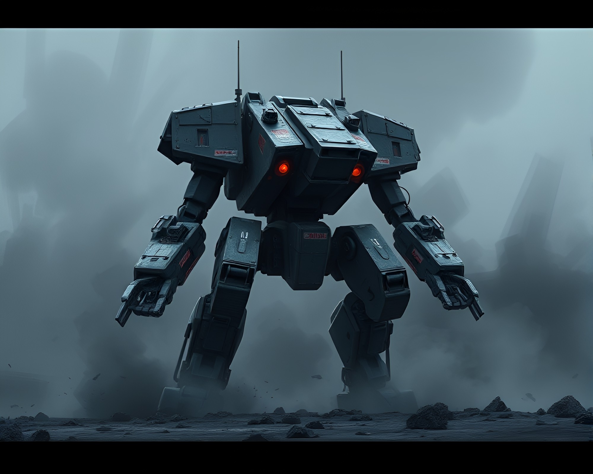 Charcoal strokes infused battle mech amidst volcanic eruption – free AI stock image