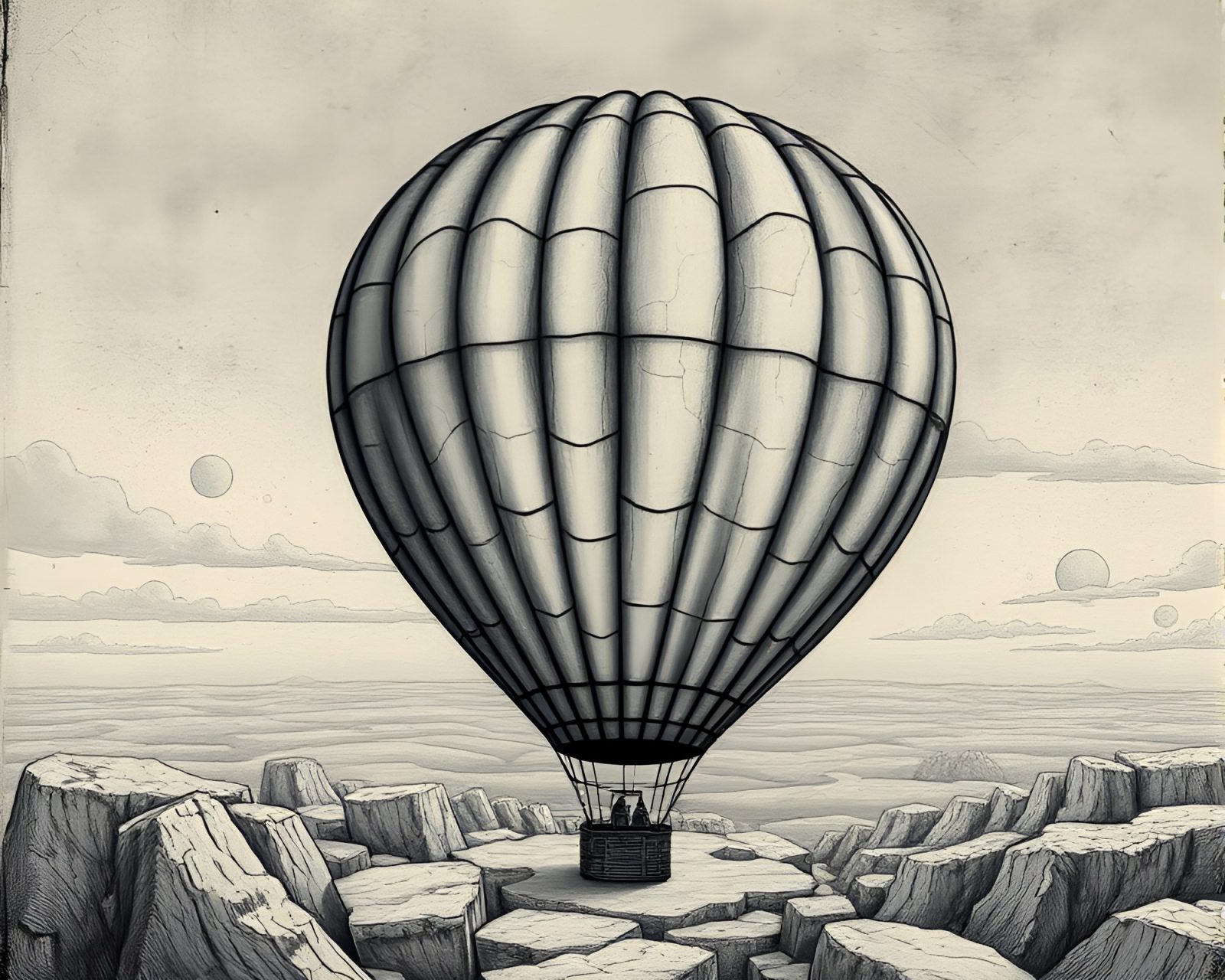 Comic book style scene of gray cracked earth with floating balloon