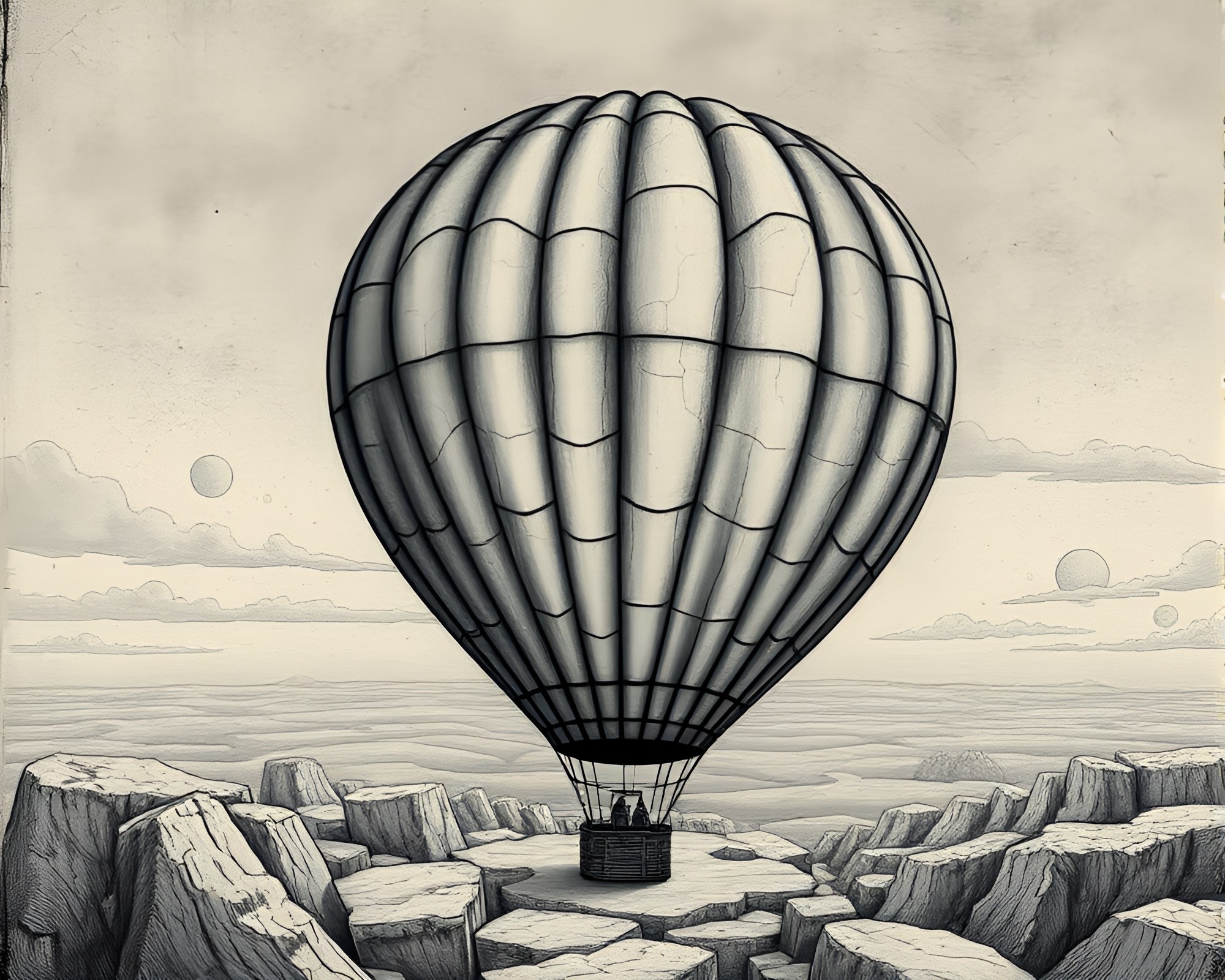 Desolate Cracked Earth with Hovering Hot Air Balloon – free AI stock image