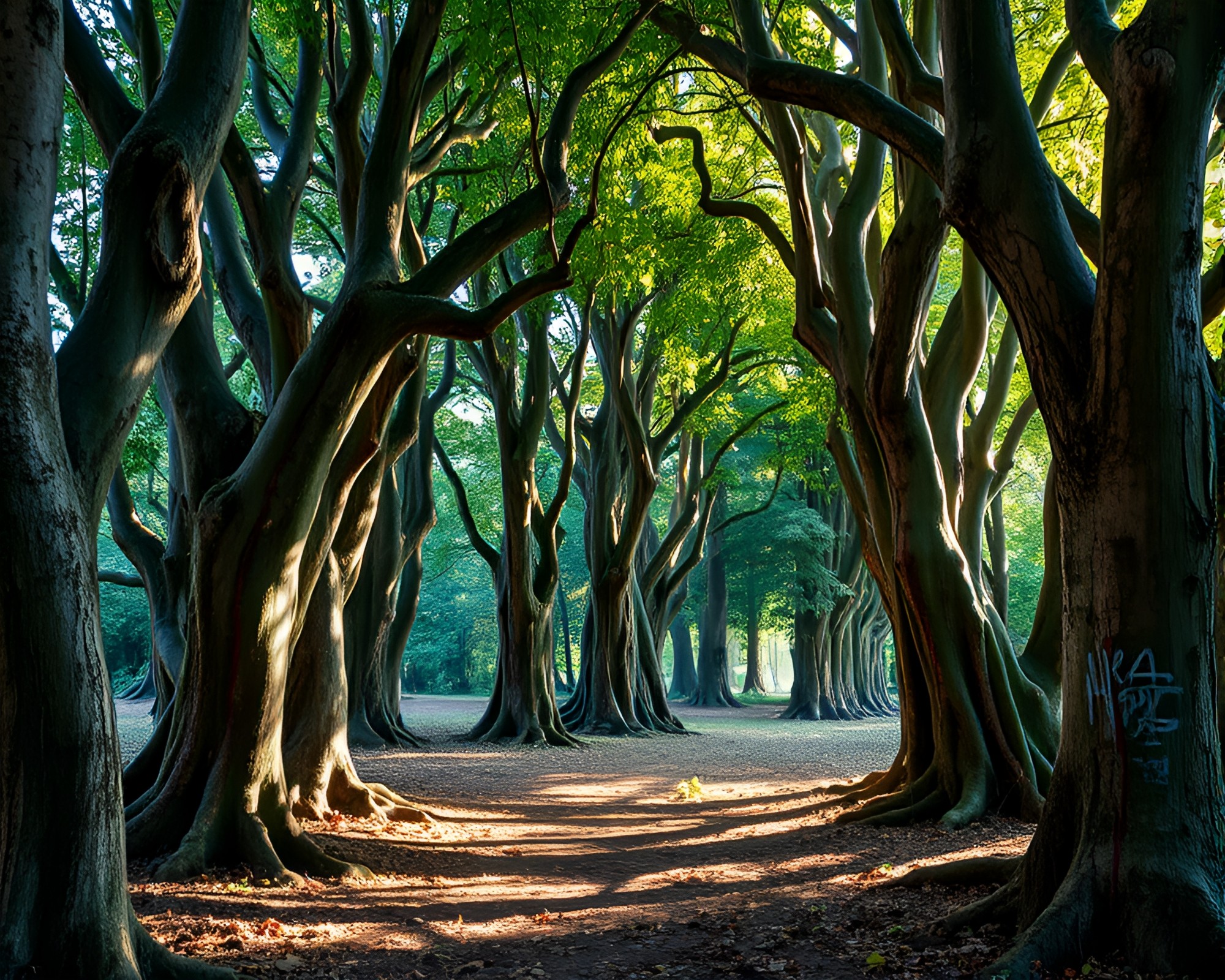 Ancient Grove with Graffiti Drips and Light Leaks – free AI stock image