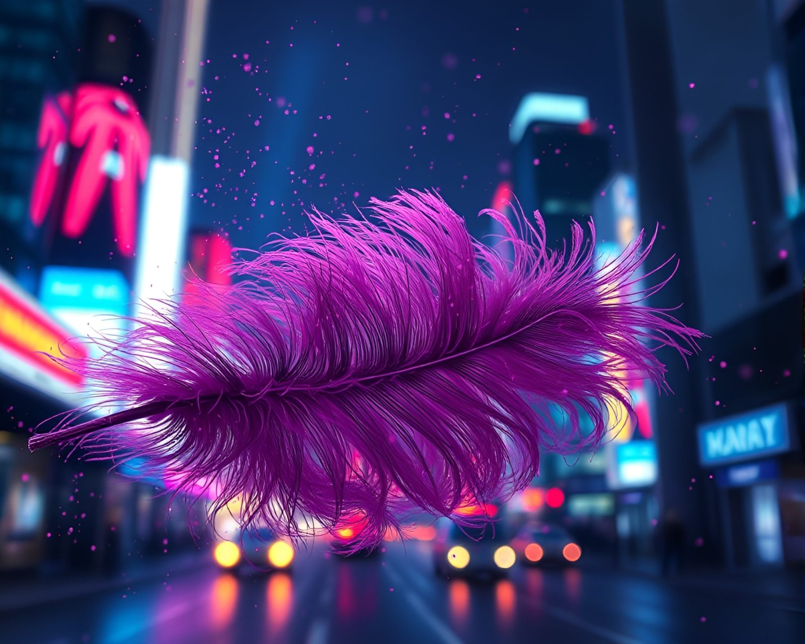 Glowing vampire surrounded by neon lights with feathers