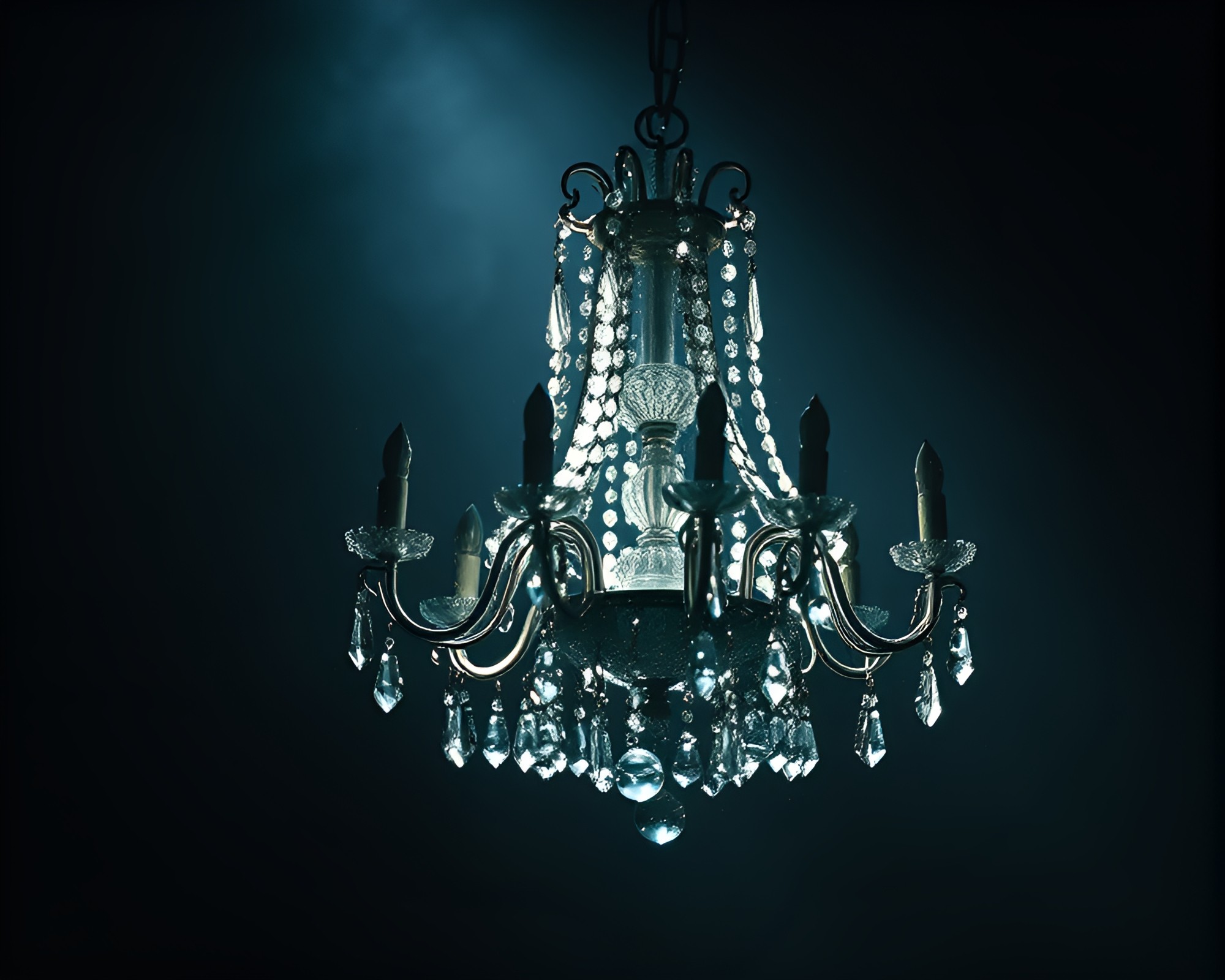 Ethereal Crystal Chandelier in Backlit Silhouette with Dust Motes – free AI stock image