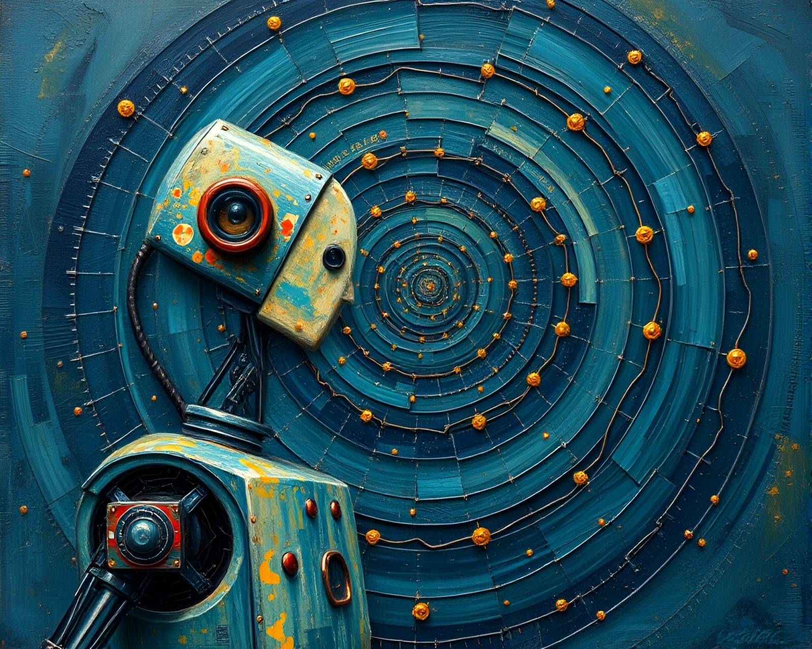 Colorful robotic figure surrounded by spiraling light beams