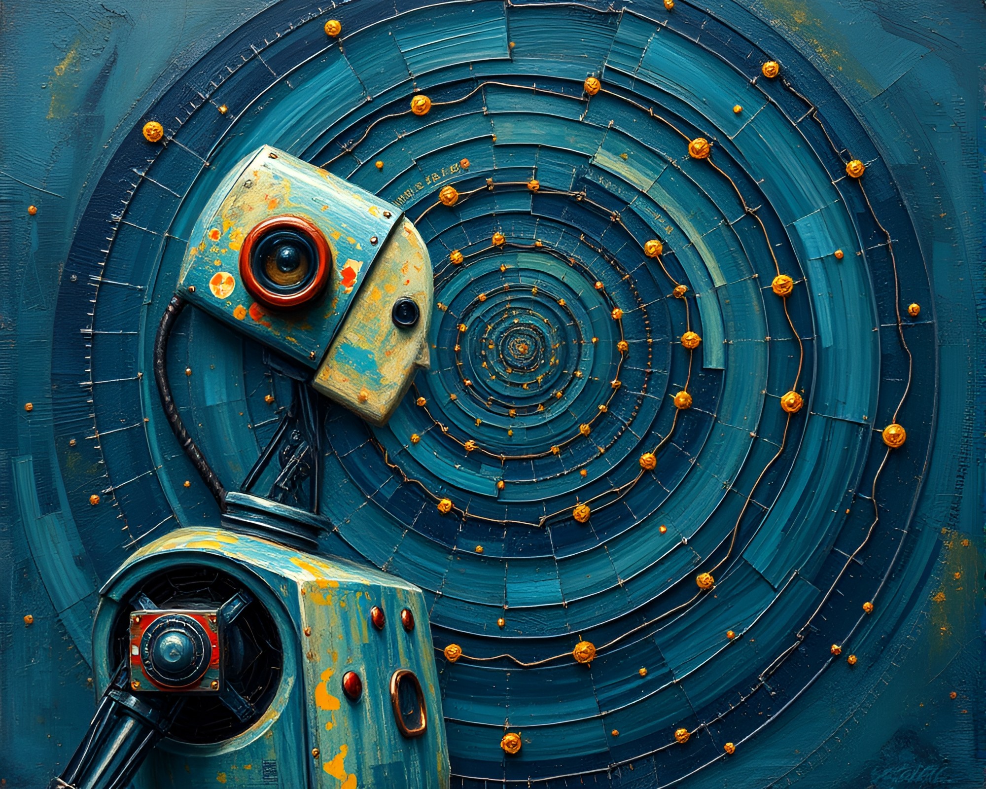 Robotic Spiral Illumination in Encaustic Painting Style – free AI stock image