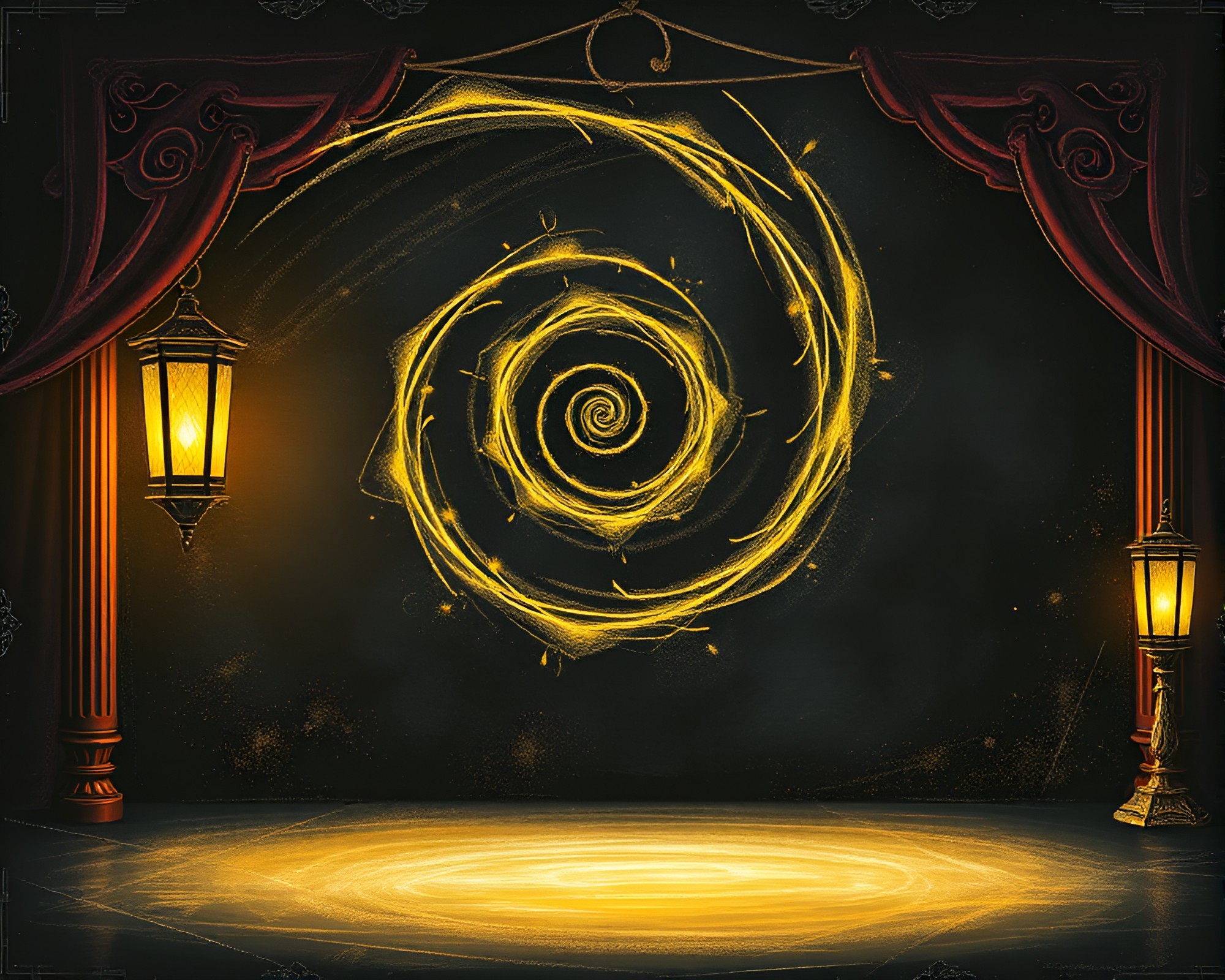Chalk Drawing: Golden Spiral Oil Lantern Spotlight – free AI stock image