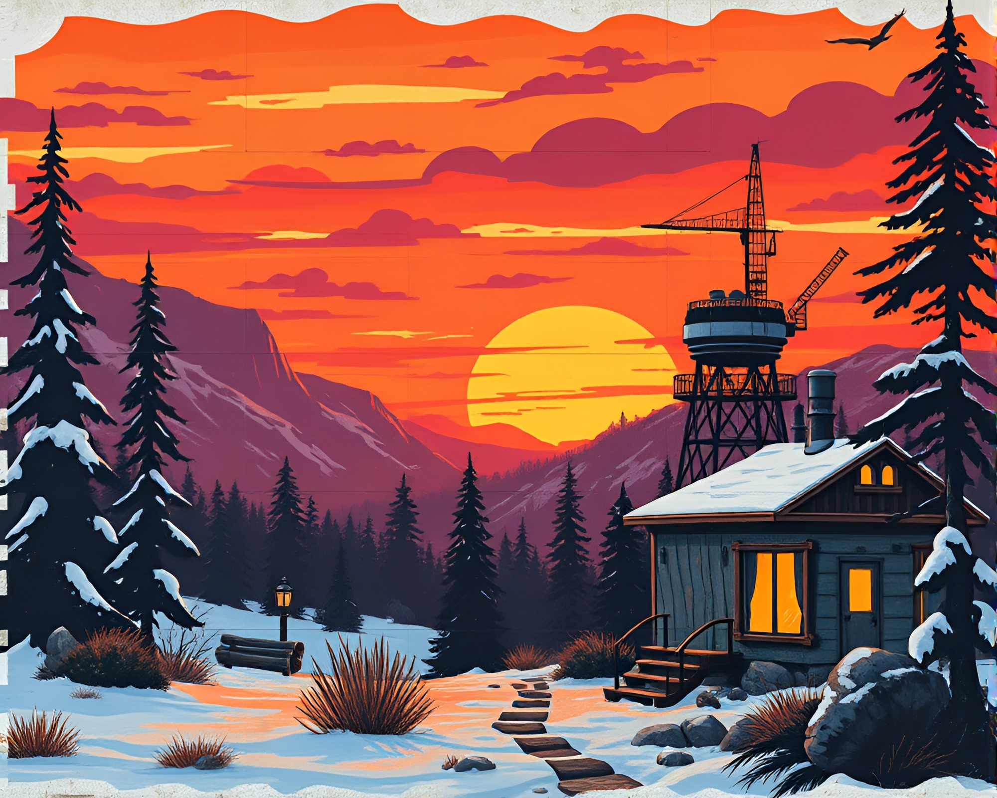 Steampunk Northern Tundra Mural at Sunset – free AI stock image