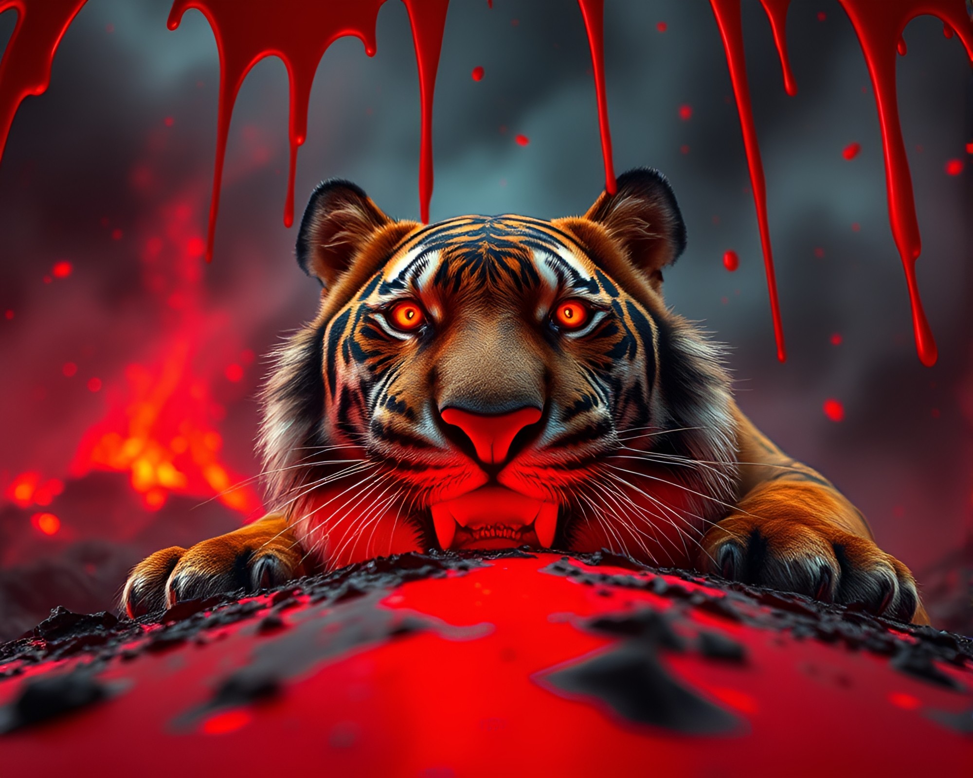 Tiger in Dripped Paint Style with Volcano Glow – free AI stock image
