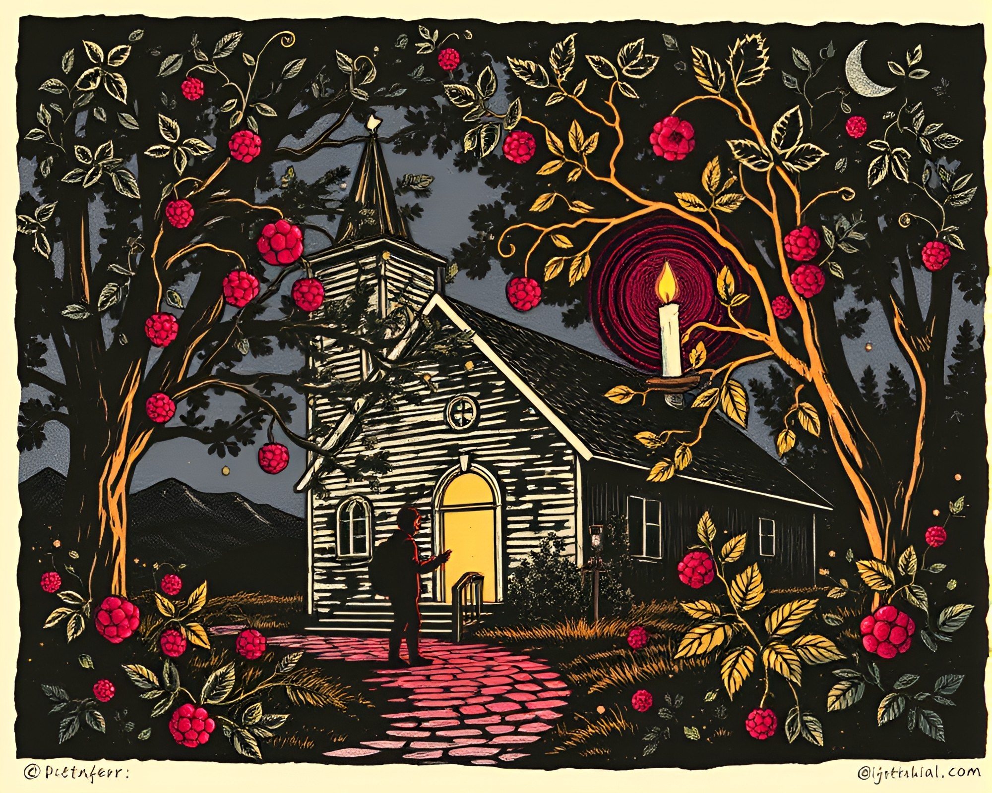 Enchanted Raspberry Bush in Church Candlelight – free AI stock image