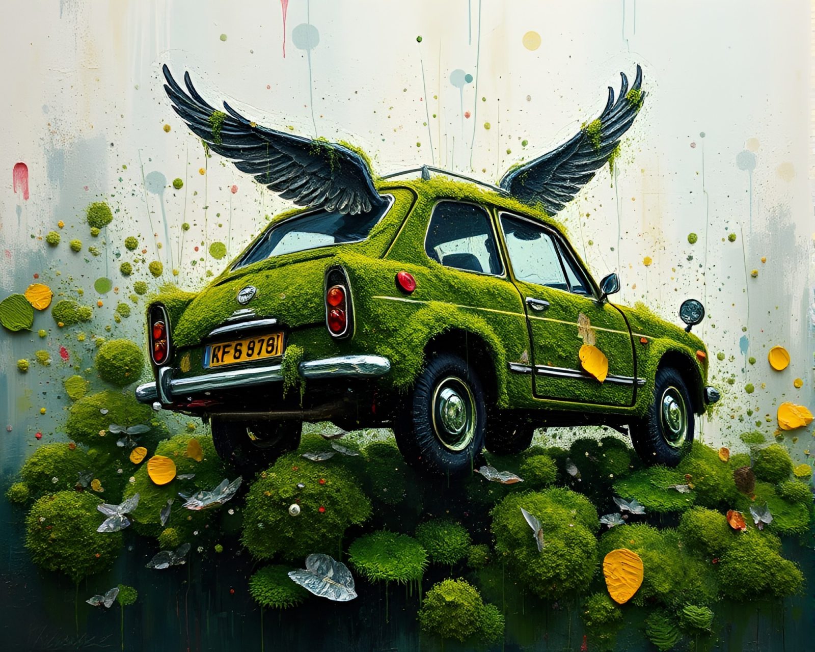 Oil painting of a magical car covered in moss with vibrant paint splatters