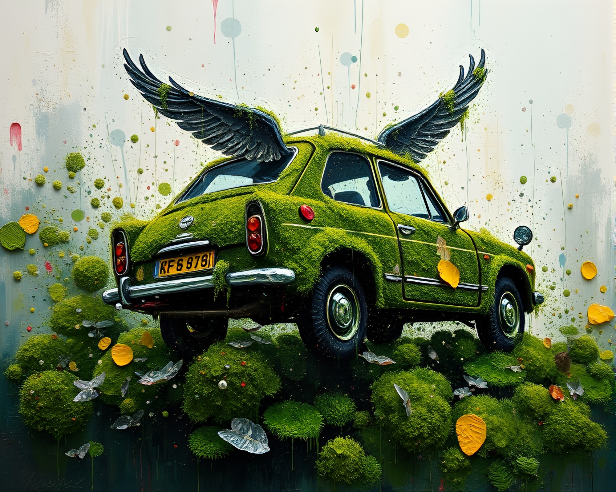Enchanting Mossy Flying Car in Paint Splatter Palette – free AI stock image