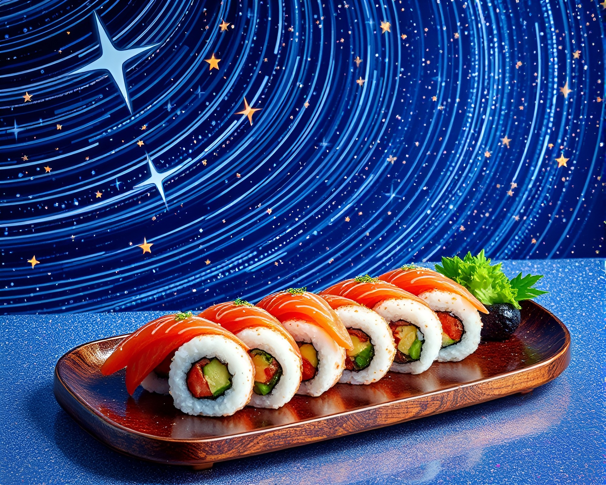 Holographic Sushi Platter under Star Trails – free AI stock image