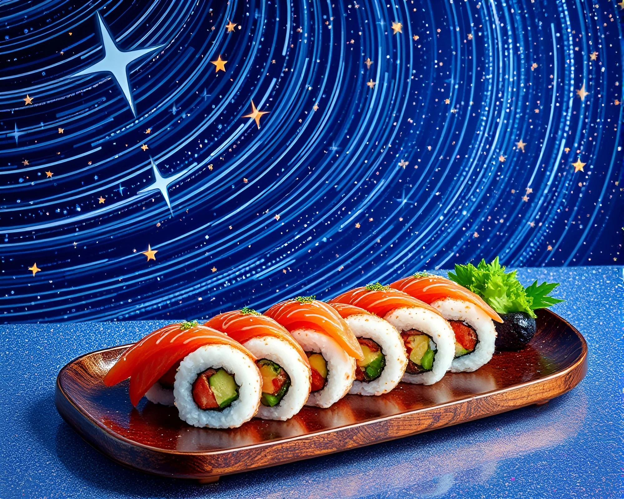 Holographic Sushi Platter under Star Trails