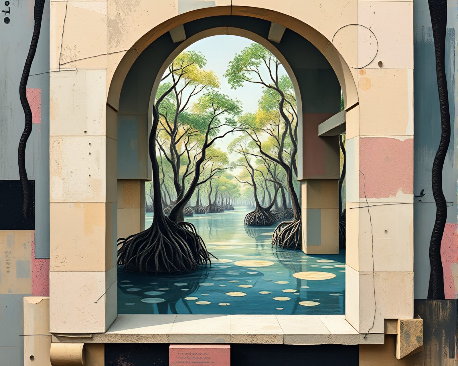 Soft pastel mangrove swamp framed by architectural elements