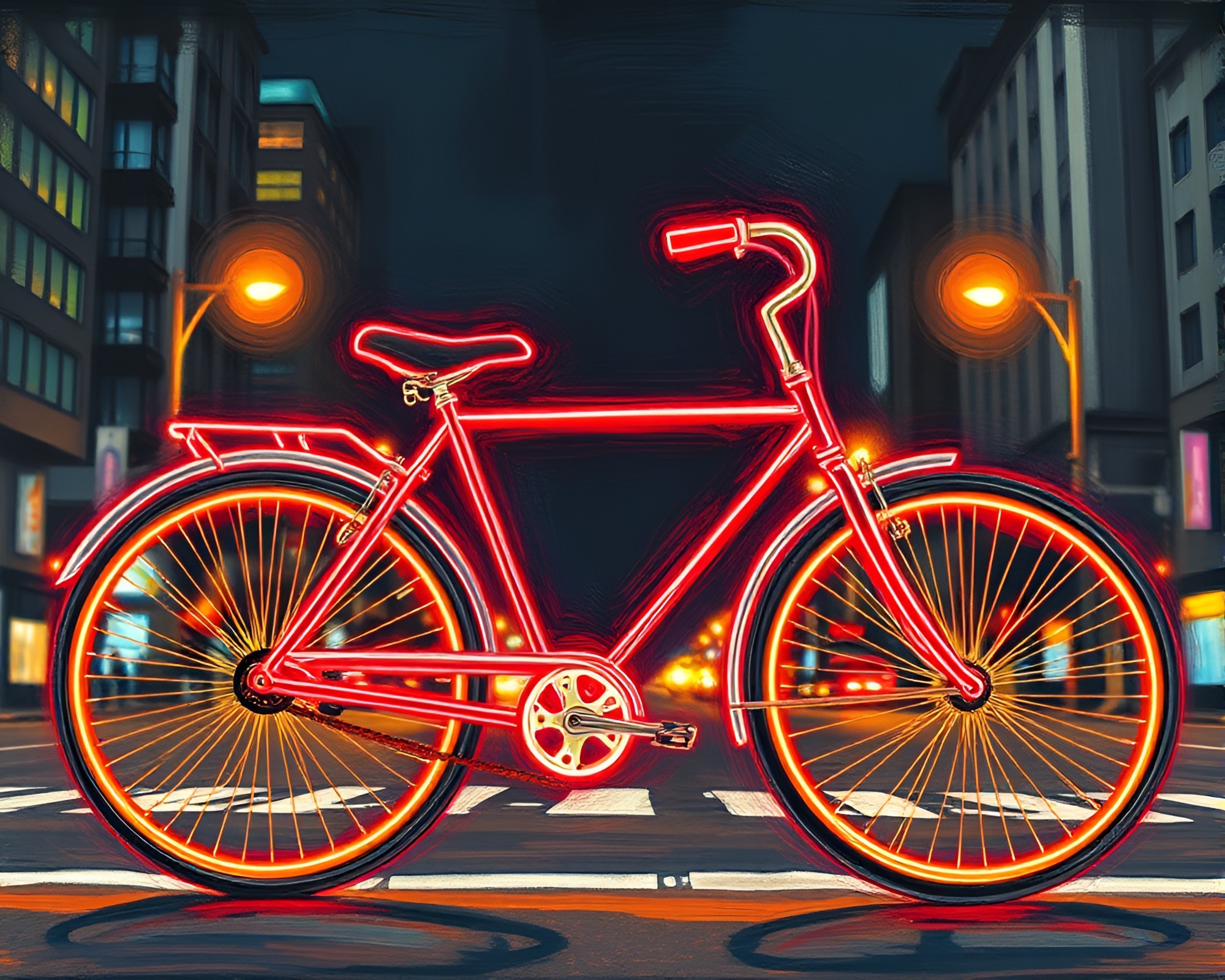 Neon Wireframe Bicycle Glowing in City Lights – free AI stock image