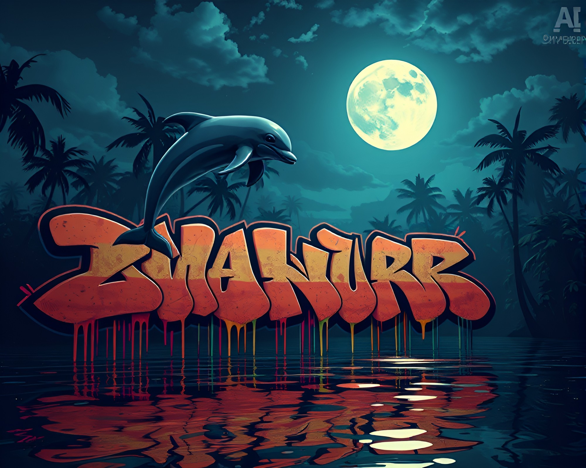 Moonlit Amazon River Dolphin Graffiti Low-Poly 3D Art – free AI stock image