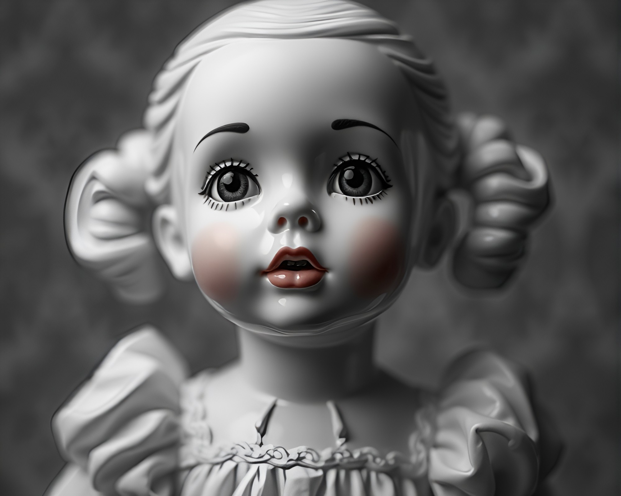 Monochrome Porcelain Doll in Glass Distortion – free AI stock image