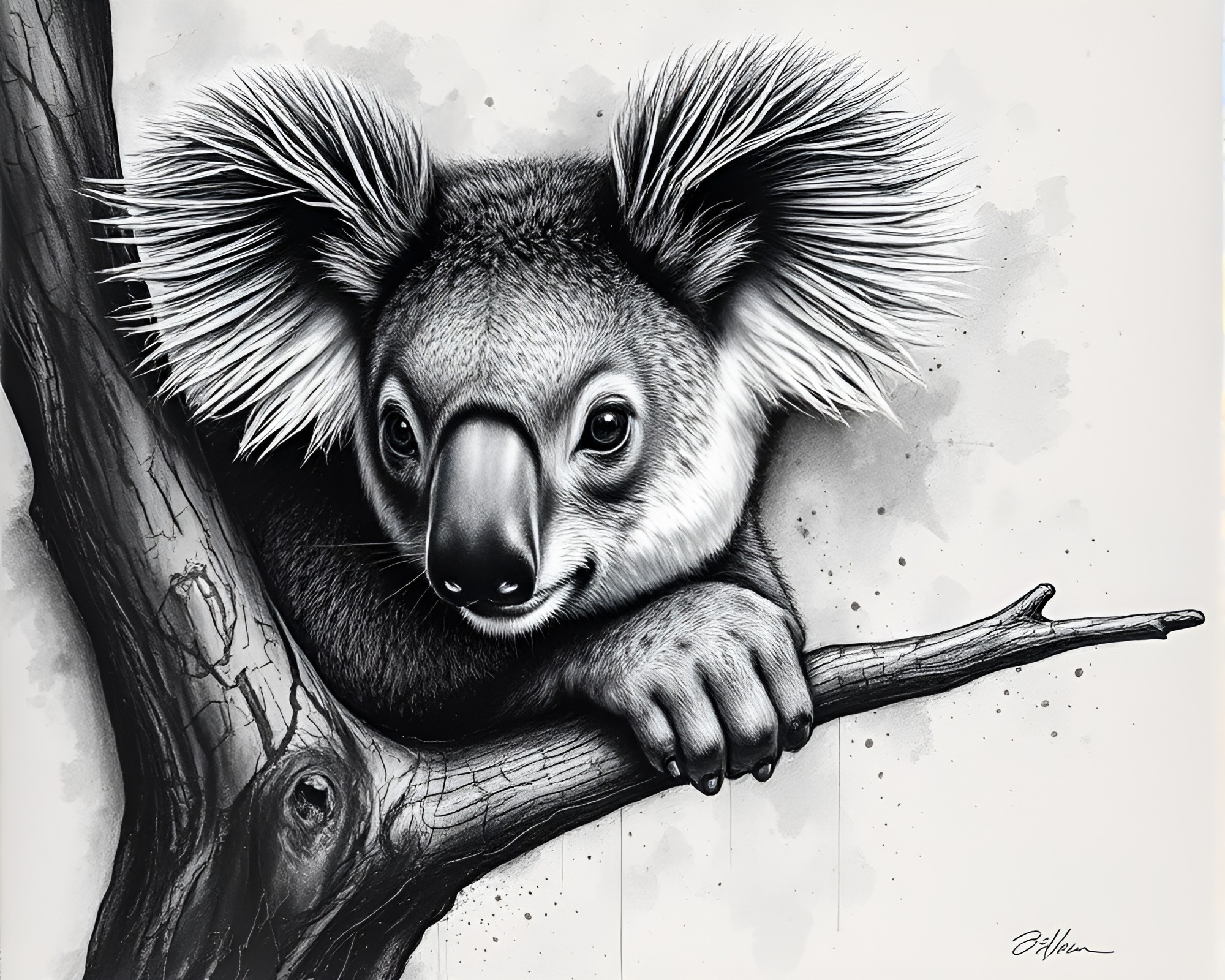 Zoom Burst Koala in Charcoal Etching Style – free AI stock image