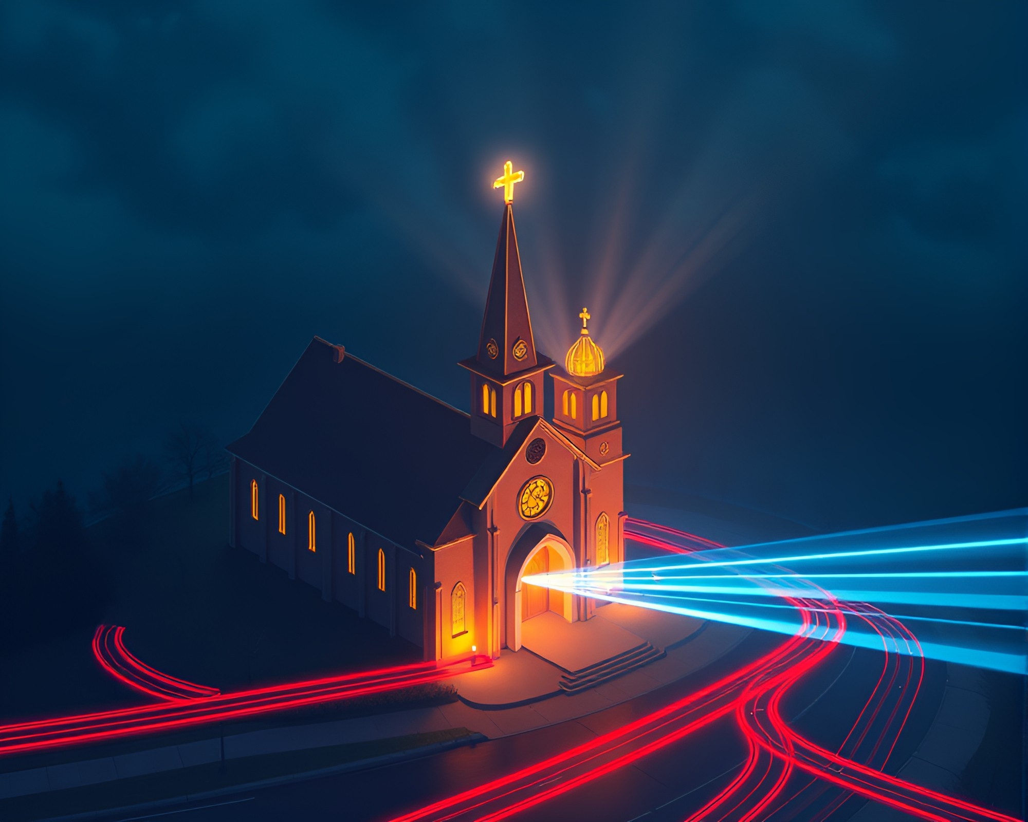 Car Light Trails with Laser Sword in Isometric Church Scene – free AI stock image
