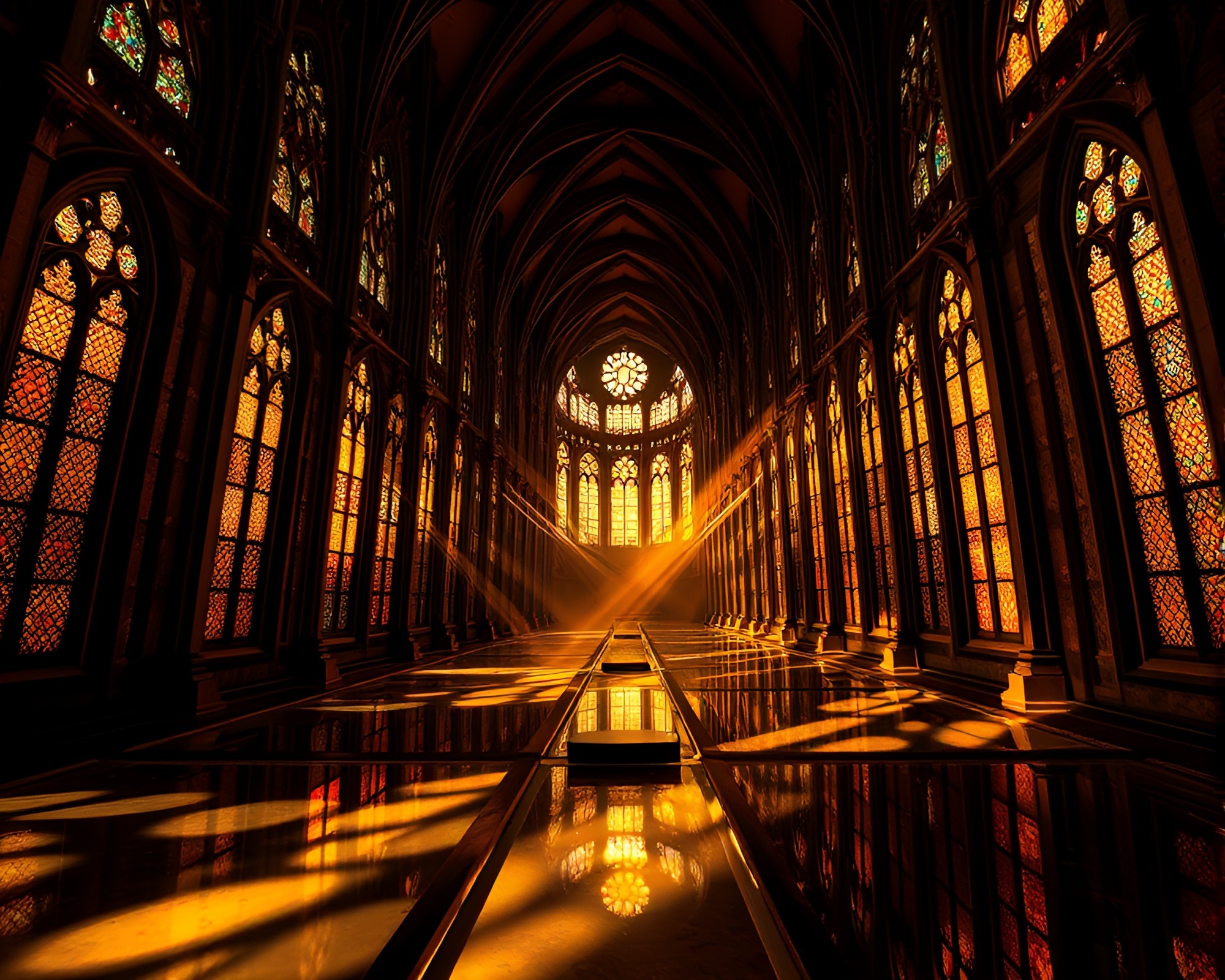 Intricate Mirror Maze Bathed in Golden Cathedral Light – free AI stock image