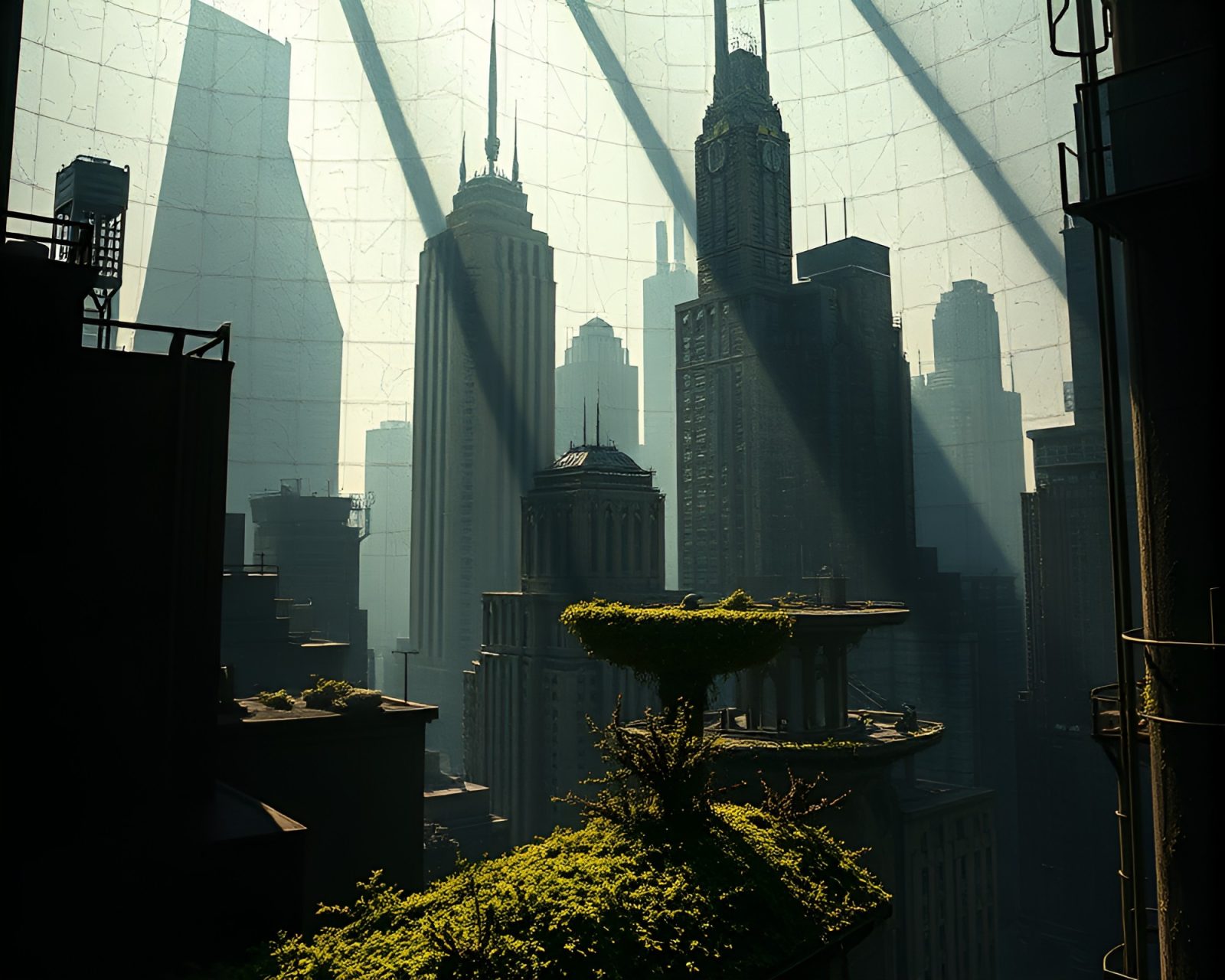 Lichen texture on a high-tech metropolis with attic hues