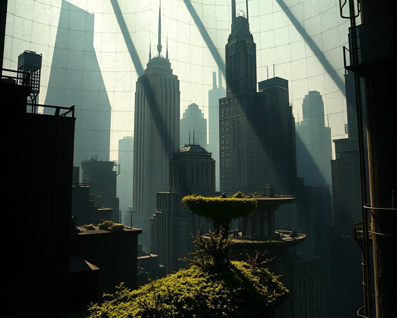 Futuristic Cityscape in Stained Glass Shadow – free AI stock image