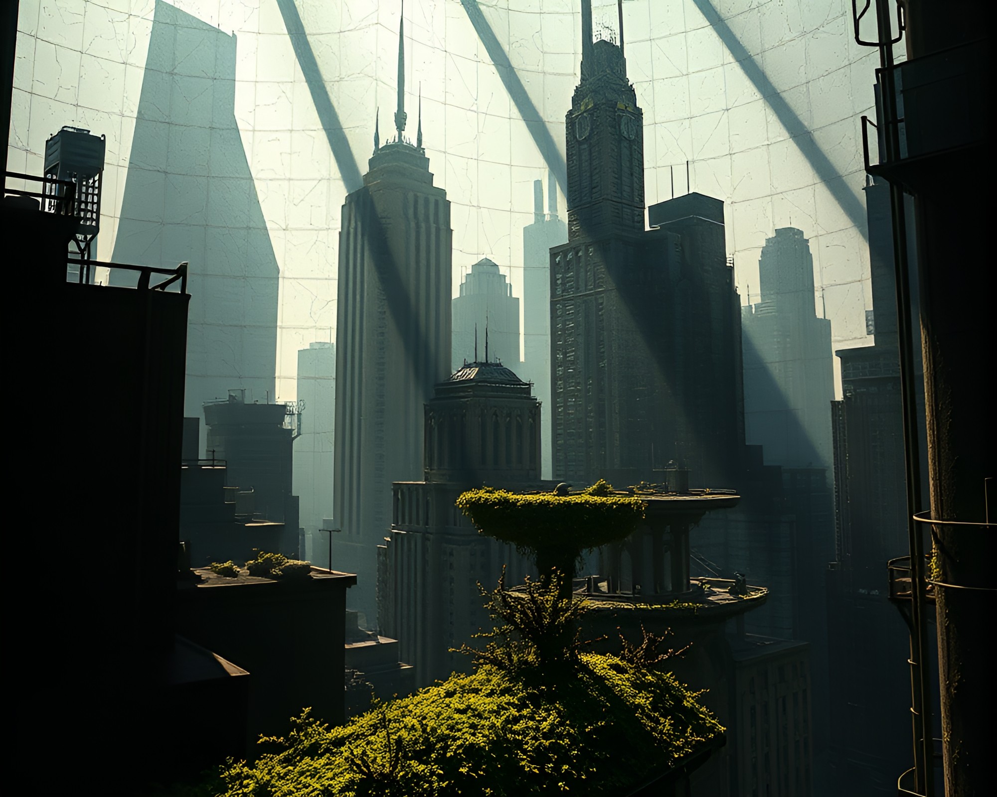 Futuristic Cityscape in Stained Glass Shadow – free AI stock image