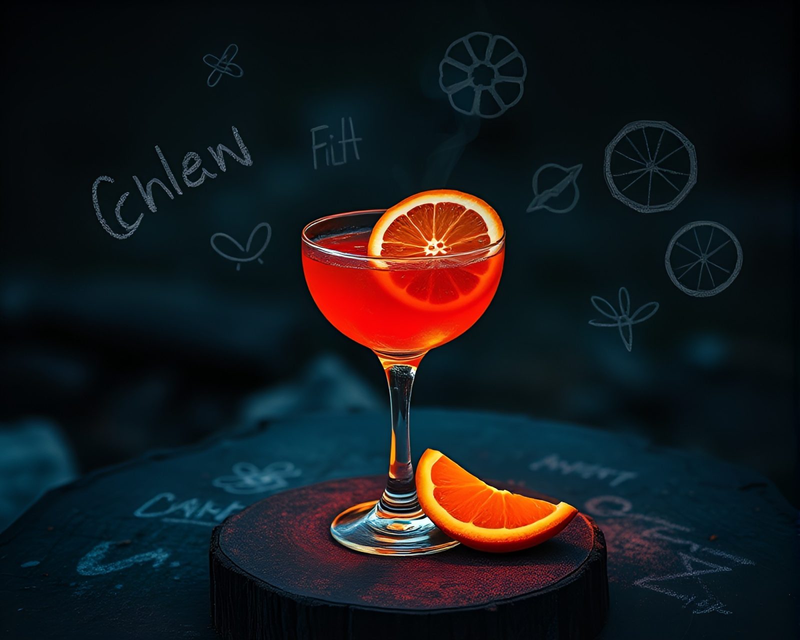 Vibrant chalk drawings of a blood orange cocktail on fire