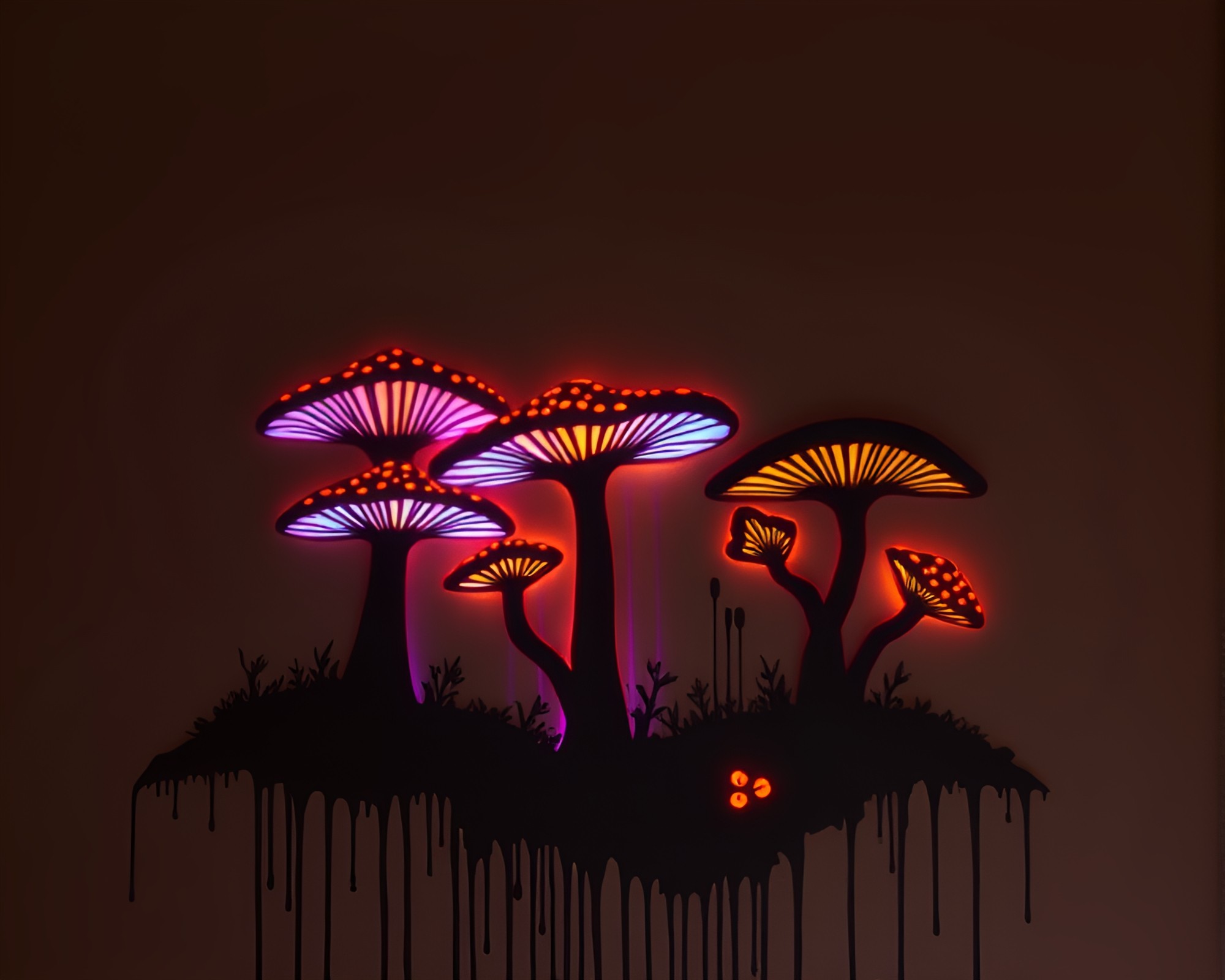 Bioluminescent Fungi Cast Glitchy Shadow in Dripped Paint Style – free AI stock image