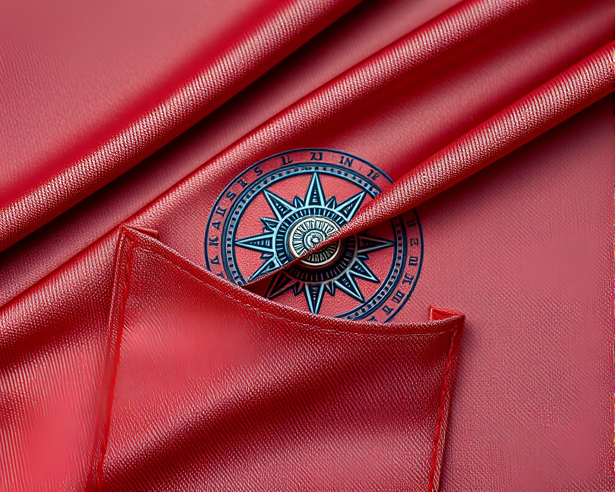 Holographic Pocket Sundial in Brick Red Fabric Folds – free AI stock image