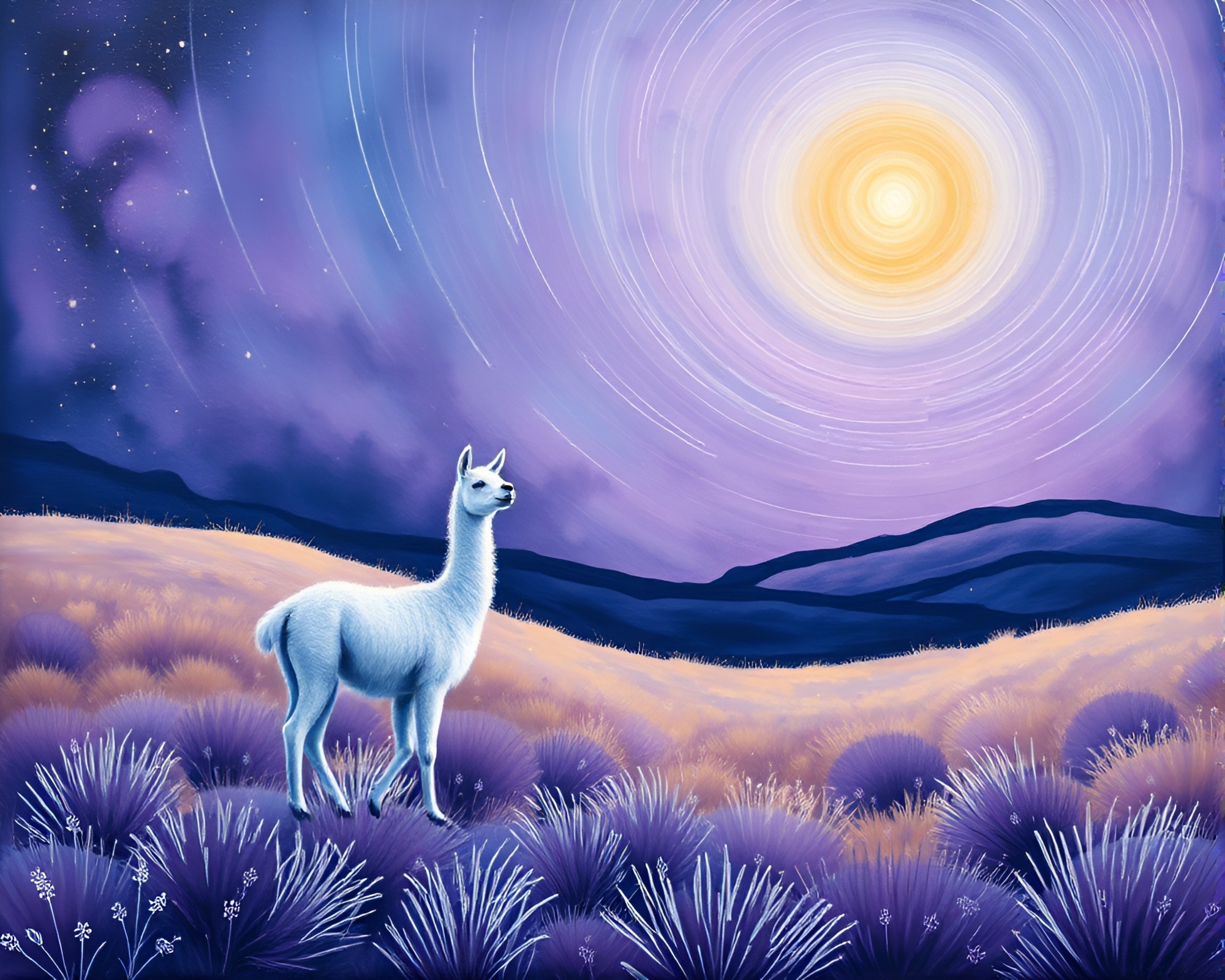 Llama under Amethyst Star Trails in Color Field Style – free AI stock image