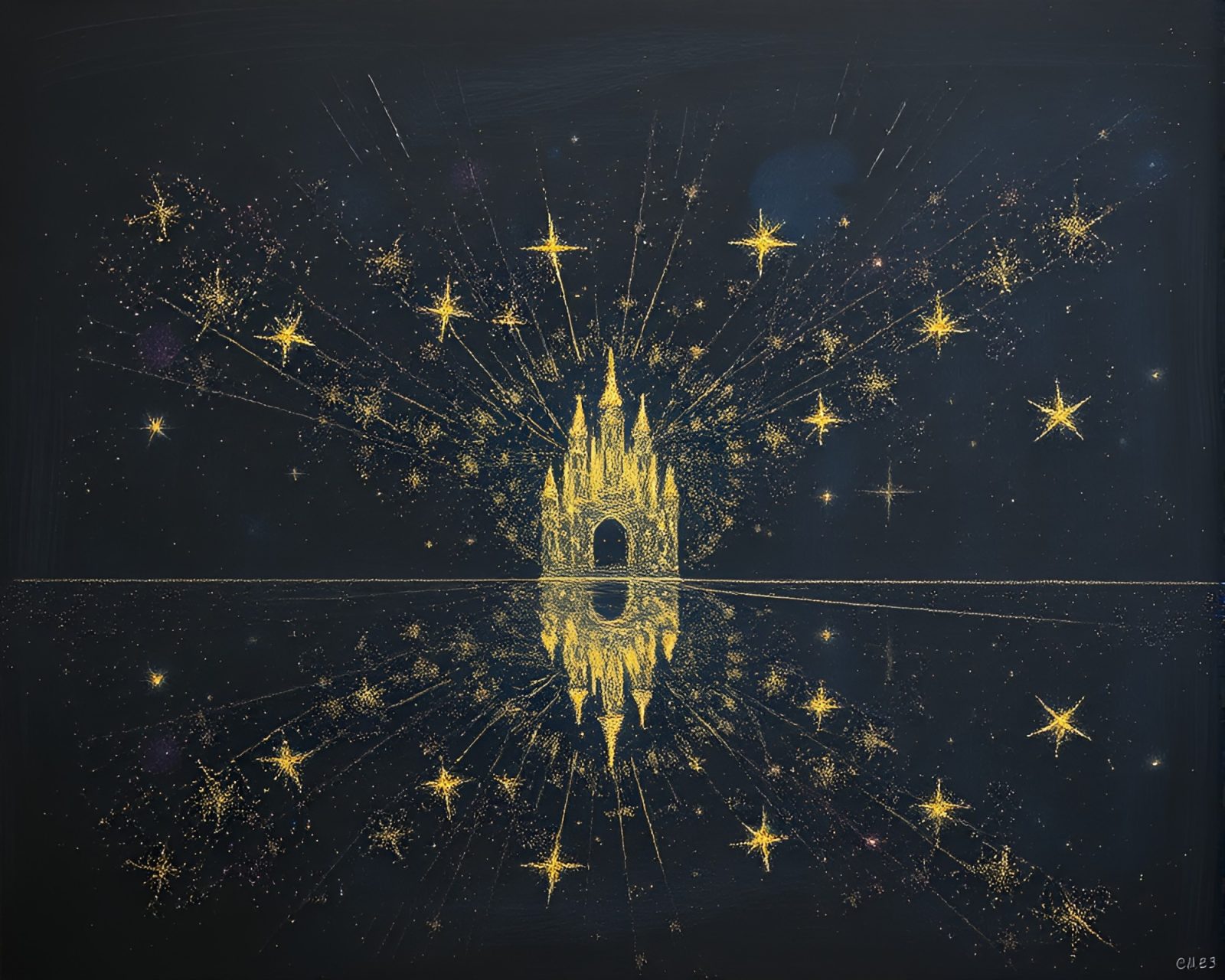 Chalkboard drawing of a fantastical mind palace with glittering reflections